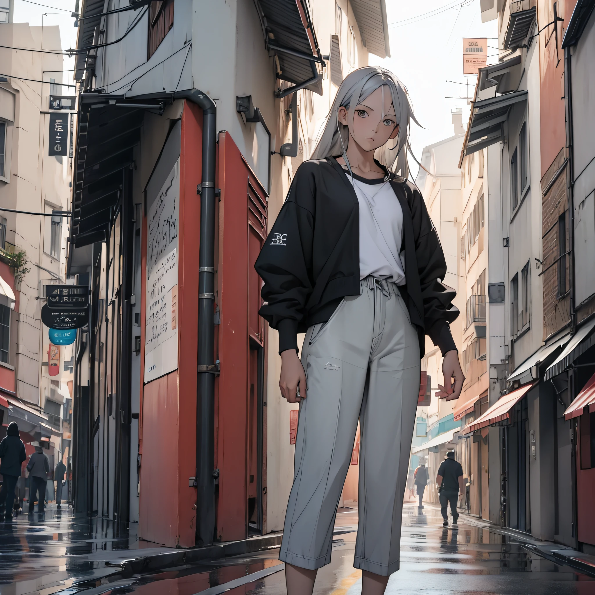 (best quality,highres),anime girl with long gray hair and gray eyes,medium-sized chest,wearing casual clothes,standing in a plaza