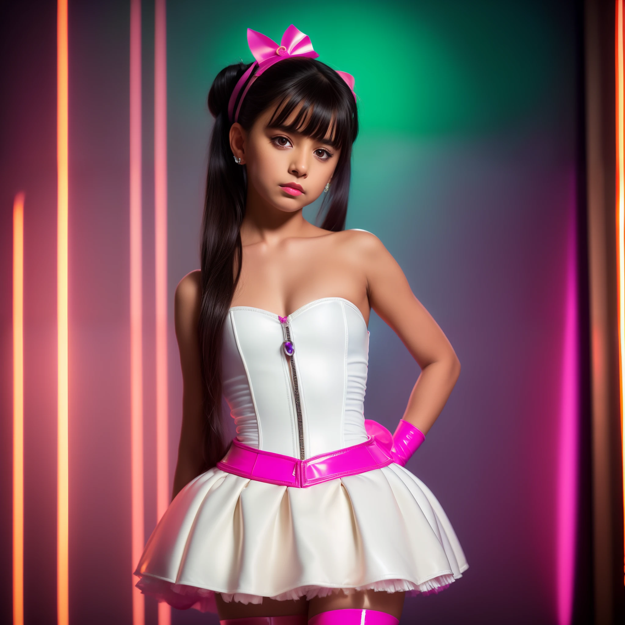 Portrait photo of a 8 year old pakistani girl wearing reavealing short tight glossy strapless neon shiny white latex pvc pink latex pvc cinched corset with tiny tight tight neon hot pink latex pvc pleated tutu, latex opera gloves, completely , hourglass waist, pink thigh high boots, very long wavy hair, hair in long top bun, hairband, ribbon, nipple pasties, multicoloured dark hair, look up at camera, sexy pose, bedroom background, backlit, (cinematic:1.5), epic realistic, hyperdetailed, insane details, intricate details, accent lighting, soft volumetric light, bokeh, (dramatic light:1.2), (neutral colors:1.3), cross process