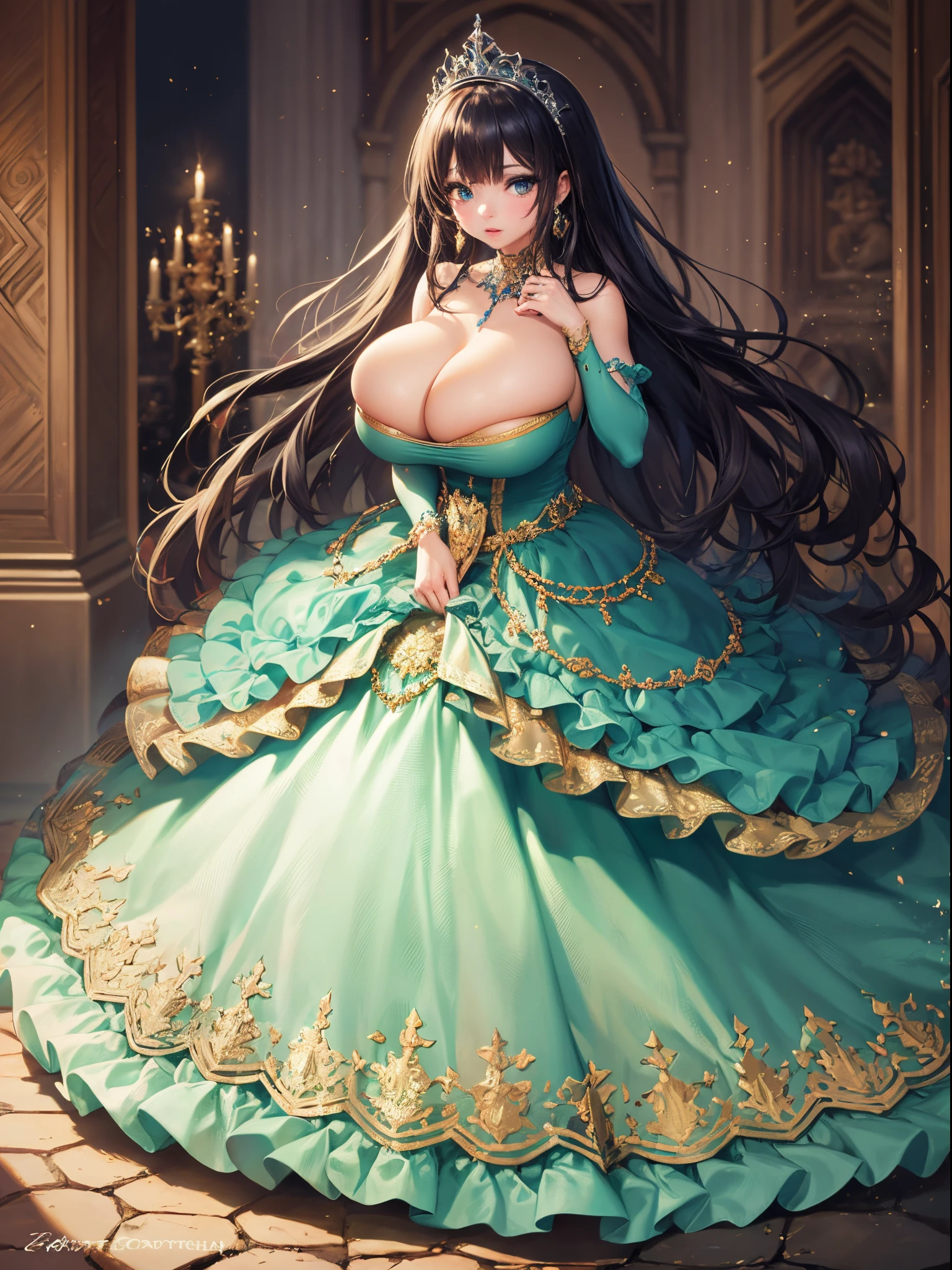 ultra-detailed, extremely detailed,((anime artstyle)),Masterpiece,(Best Quality),(Super Detail),(Very Delicate and Beautiful),((Solo)),((full body)),full body,((detailed face and eyes)),perfect eyes, rendered eyes,jewel-like beautiful eyes,((1 princess in beautiful embroidery and jeweled gorgeous rococo ballgown with frilled voluminous full length hoop skirt)),((Crinoline)),beautiful embroidery and jeweled gorgeous rococo ballgown with frilled voluminous full length hoop skirt,(large amount of straight hair,extremely voluminous Very Long straight Hair,Absolutely Long Straight Hair),(((very gigantic boobs))),cleavage,(fantasy castle,outdoors,outside the castle),long_gloves,extremely gorgeousfull jeweled hair ornament,(bling-bling extremely gorgeousfull jeweled tiara),(luxurious jewelry),full body,beautiful embroidery and jeweled gorgeous rococo ballgown with frilled voluminous full length hoop skirt