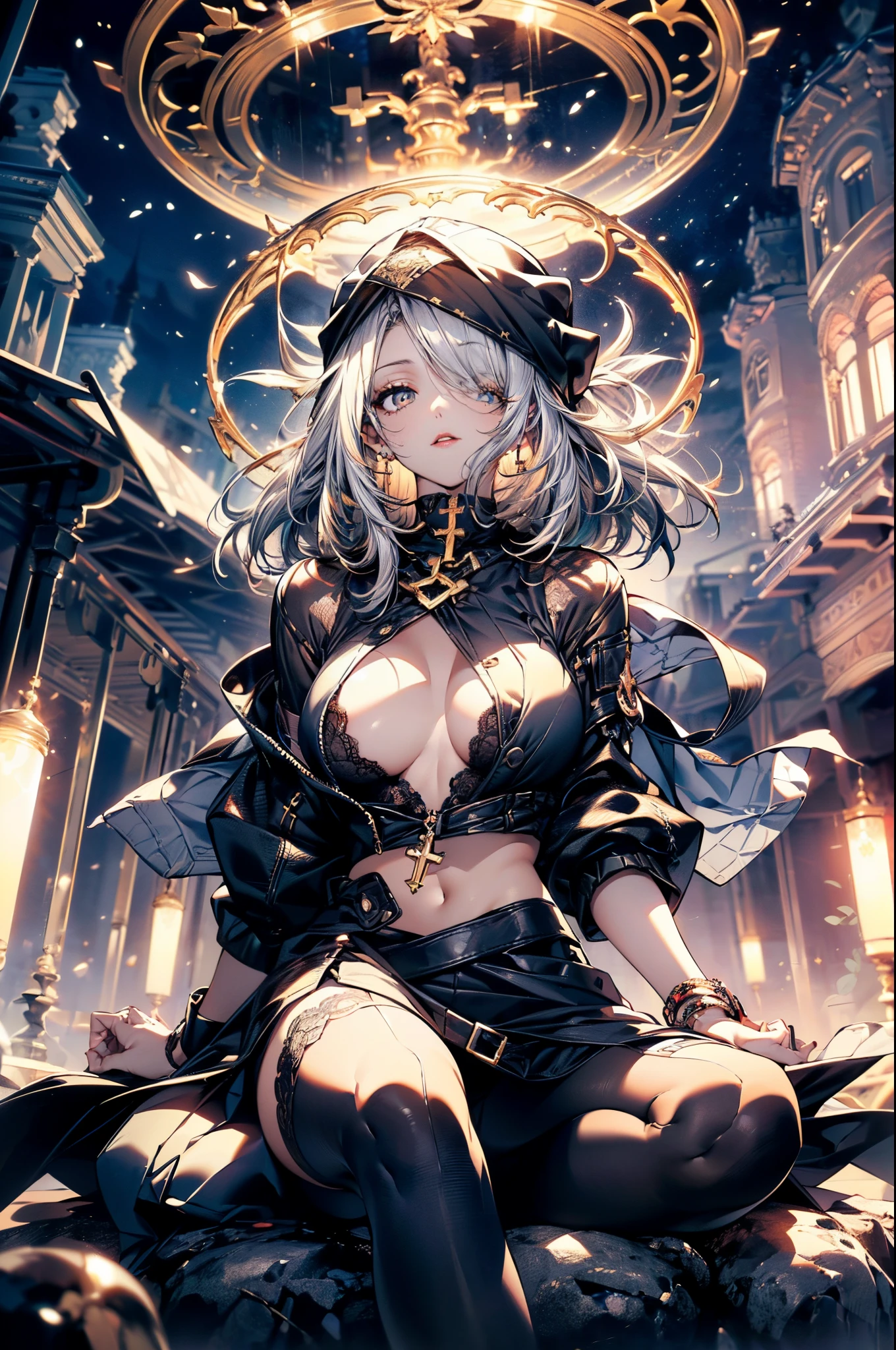 (Spiritual image:1.3), a matured woman with long black hair and a white outfit, (at a rock place in a desert:1.2), (meditating on magic circle under starly sky:1.3, sitting Indian-styles:1.5, Yoga posing:1.1, with opening legs and rising knee:1.5, with cross-legged:1.5, rift and open your arms:1.3, in front of Arabic ancient ruins:1.3), (floating Bible:1.2), Arabic, (Post apocalyptic:0.2), from arknights, artwork in the style of guweiz, bodyesbian, fine details. girls frontline, beautiful anime illustration, from girls frontline, by Yang J, stunning, 28 years old, (milf:1.3), (solo:1.5), (sfw:1.25), (sagging breast, fuge breasts, big tits, thin waist, big ass:1.2), Raised sexy, (dark mahogany medium short hair, updo, hair over one eye, asymmetric hair, Carly hair, low tied braids),(musulman, white Headscarfs, hair bands, head vandage, Turban), (ultra high resolution, 8K RAW photo, photo realistics, thin outline:1.3, clear focus), best qualtiy, cinematic lighting, textile shading, blurry back ground, field depth, bokeh, (Bright pupils, fine detailed beautiful eyes with highlight:1.3, high detailed face), Red lip, fine realistic skins:1.1, looking up sky:1.3, (dynamic angle:1.3, front view:1.1, tight focus:1.3, from below:1.2), (dynamic posing:1.5, sexy posing:1.2, leaning forward), ((open your mouth:1.3, chanting a spell:1.35)), (seductive smiling:0.0), centered image, (wearing white long jacket and clothes, wearing white robes:1.3, ((bare breast:1.37)), platinum ornaments, rolling white clothes around waist, camel-brown long leather boots:1.3, translucent lace pantyhose), (((correct anatomy:1.5))), ((outdoor:1.2, in a night:1.3)),