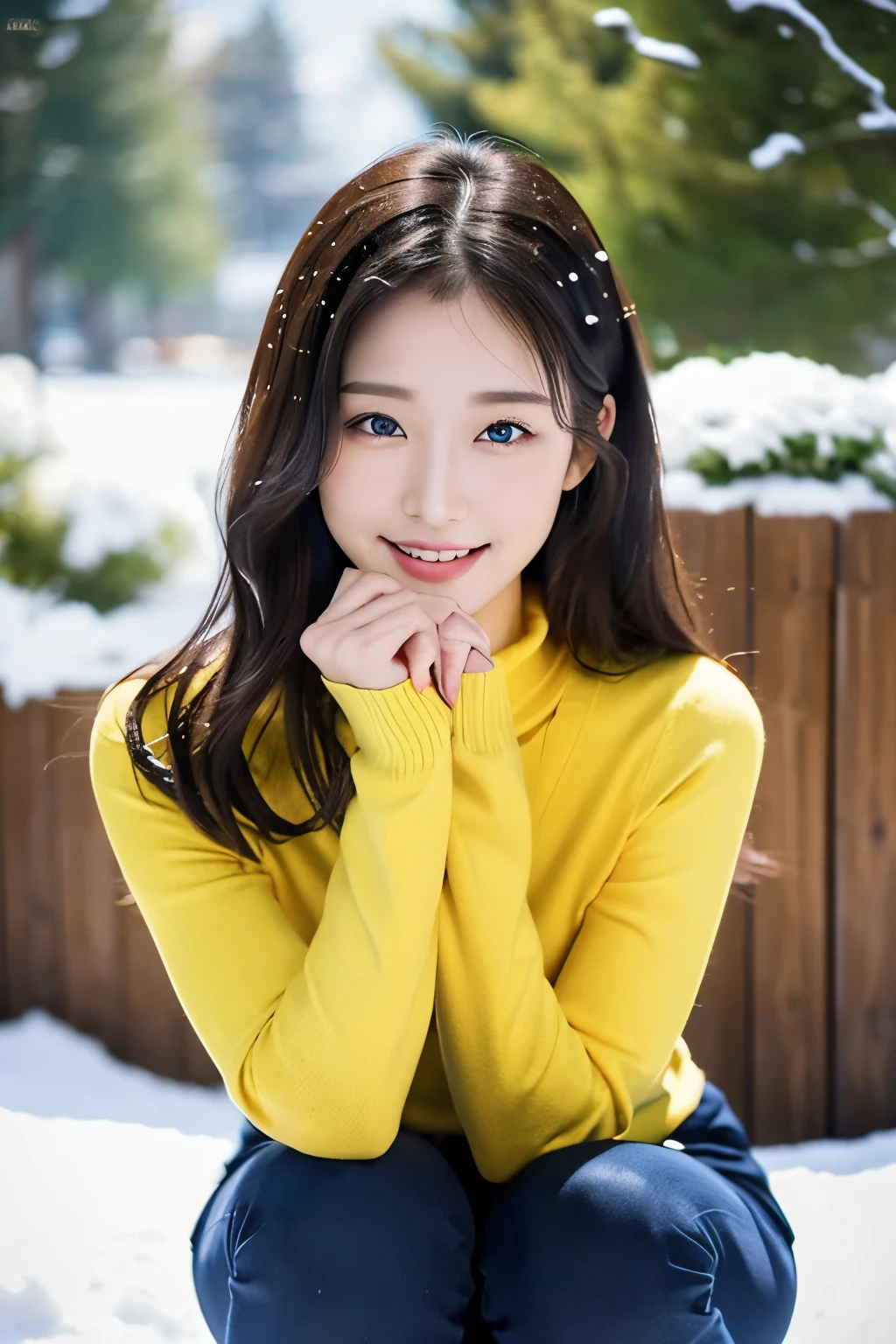 (masutepiece:1.3, Photorealsitic:1.4, 8K), top-quality, masterpiece, 超A high resolution, Perfect dynamic composition, Highly detailed skin and facial texture:1.3, A detailed eye, Detailed limbs, Winters, snowflakes falling:1.2, Snowfall landscape at night:1.2, 1girl in, Cute sexy 22 year old slim woman, Fair skin, tilt the neck, ((A smile:0.9, Totally captivates you:1.0)), (Red muffler:1.2, Yellow-green long sleeve turtleneck sweater:1.2, High waist mini skirt:1.1), ((voluptuous breasts:1.05)), Short boots, (Facing the front, Squat with your knees bent), (Beautiful blue eyes, Eyes that feel beautiful eros:0.85), Sexy face:0.4, (A mouthfeel that feels beautiful eros:0.85), ((Too cute beauty:0.9))