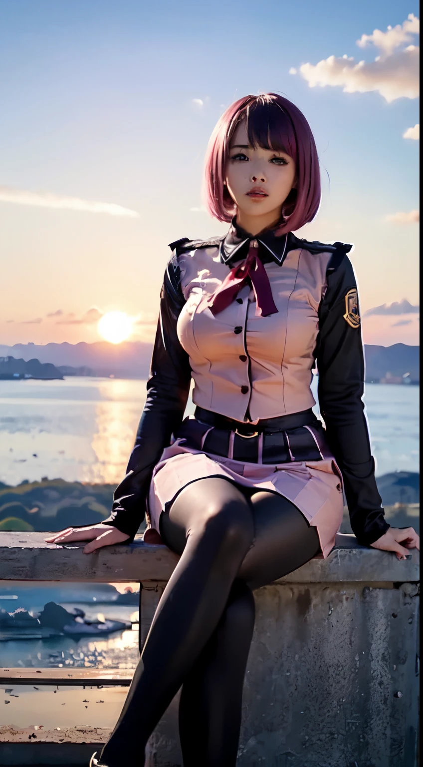 ((top-quality)), ((masterpiece)), (detaileds), from below, Pink bob hair, beautiful school girl, plump breast, school uniform, sitting on seashore, open her legs, looking at viewer, beautiful pink sky and clouds,
