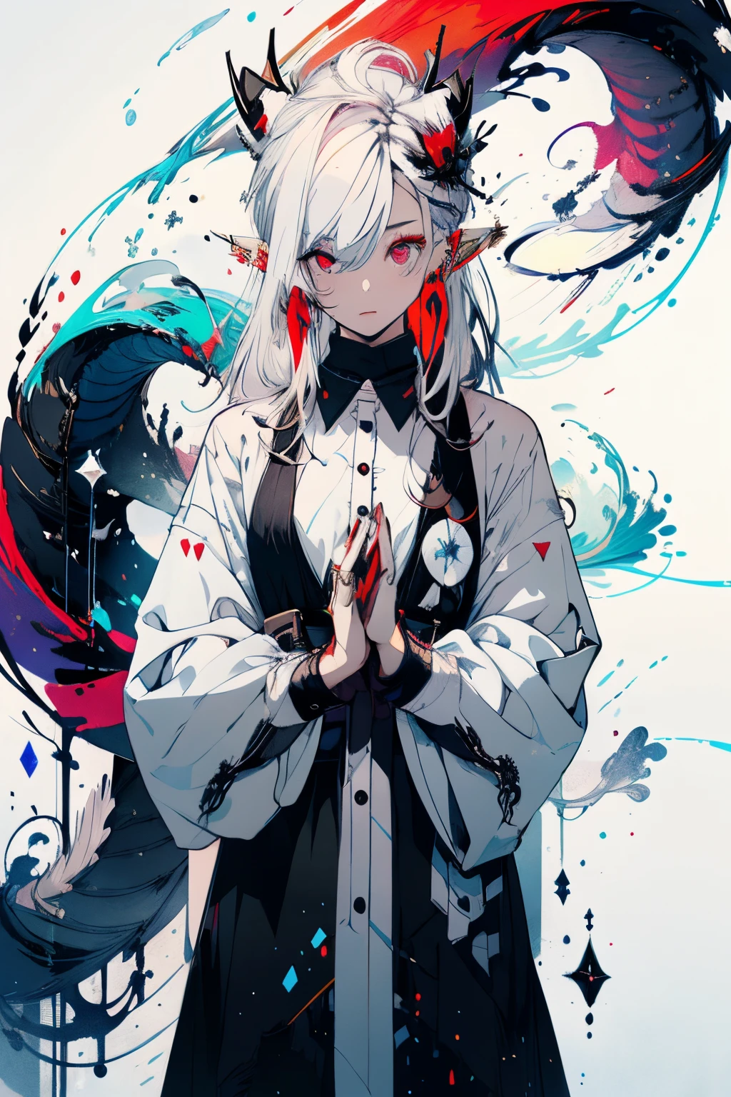 A woman with white hair and horns standing in front of a blue ...