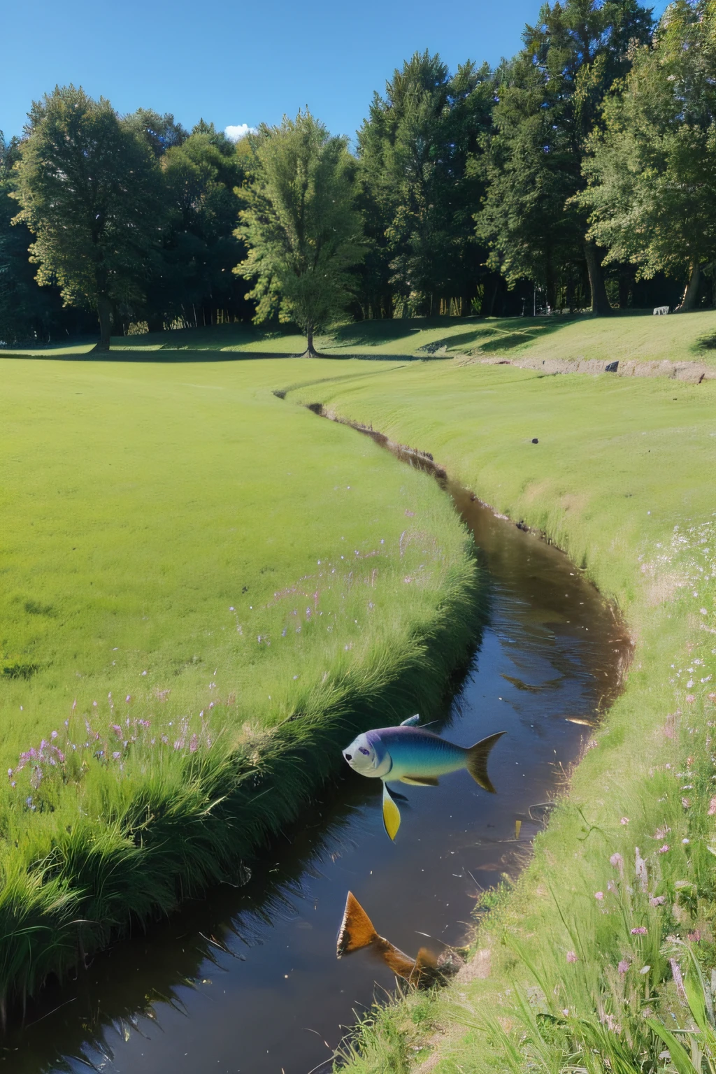 Uniform fish run on the grassland on the plateau