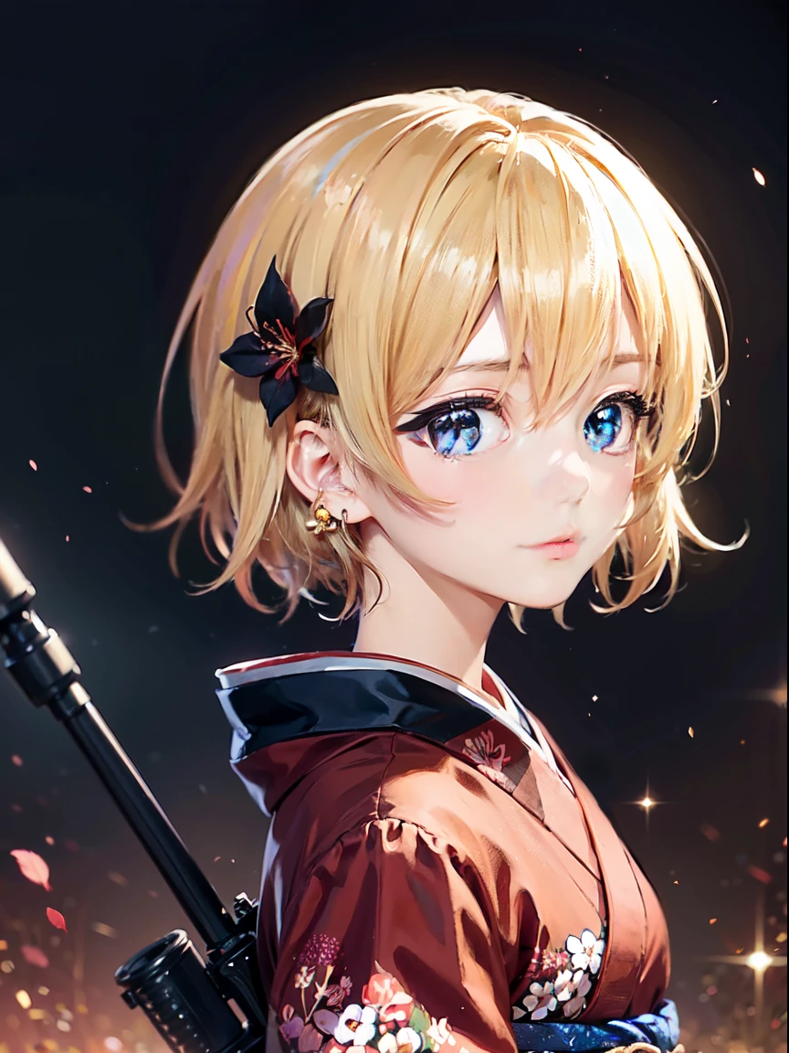 masuter piece,Ultra-detailed,Best Quality,delicate illustration,Manga,pixiv art,Anime Art,Unity 8k壁纸,ultra delicate line drawing,kawaii,Kawaii Girl,facefocus,Portrait,((sniper,Gripping the rifle))),(( Floral pattern kimono,Red color,Floral hair ornament)),Solo,((pupils sparkling eyes,)),(( a blond,Short hair,))fights,skyporn🌸,high key lighting,High color saturation,stylish ambiance,Cinematic feel,depth of fields,Manga,pixiv art,Best Quality,Beautiful detailed eyes,Cinematic lighting