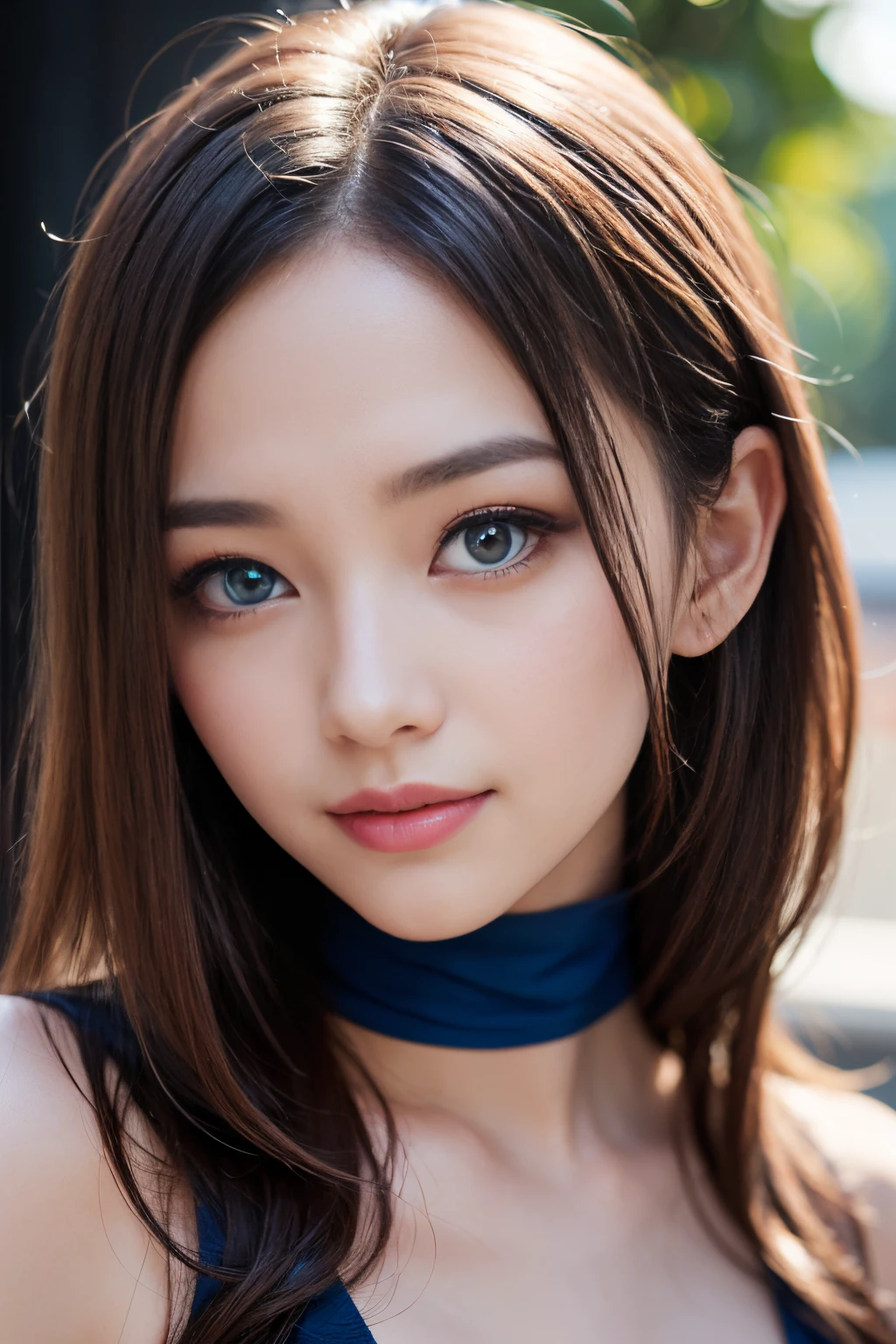 (8K、Raw photography、top-quality、masterpiece:1.2)、(realisitic、Photorealsitic:1.37)、ultra-detailliert、超A high resolution、1人、(beautifull detailed face、Golden Ratio Face、Balanced eyes、二重まぶた、lipgloss)、Beautiful detailed skin、Skin Texture、Professional Lighting、(Very beautiful girl)、Happy smile、View photographer、Glowing white shiny skin、(Attractive Bright Natural Platinum Brown Silky Hair 1.5)、eye liner、(((Blue Eye)))