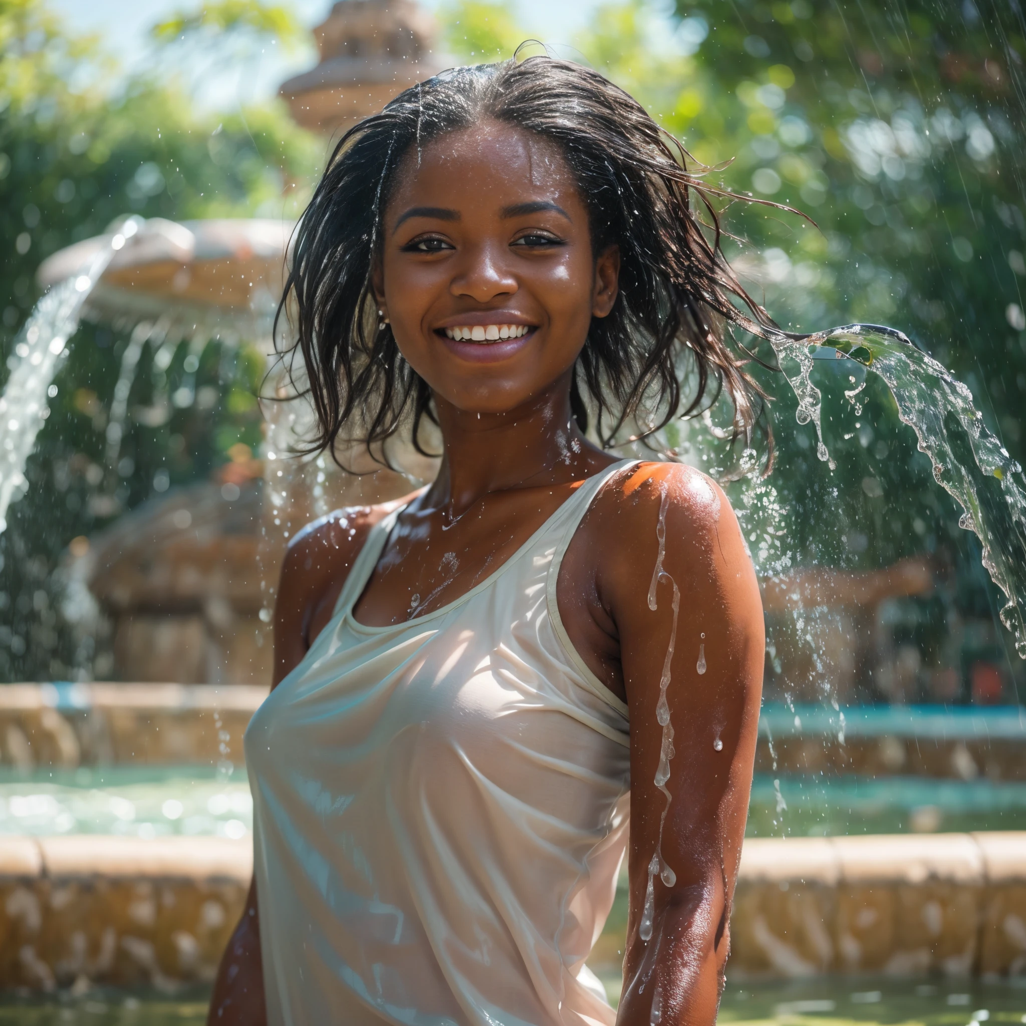 (masterpiece, 8k, best quality:1.2), in the fountain, outdoor, 1girl, 27 yo nigerian woman, sultry smile, looking at viewer, schoolgirl uniform, wet clothes, soaked, wet hair, wet skin, translucent, glistening with oil, drenched, bright sunshine, soaked heavy clothes, erotic