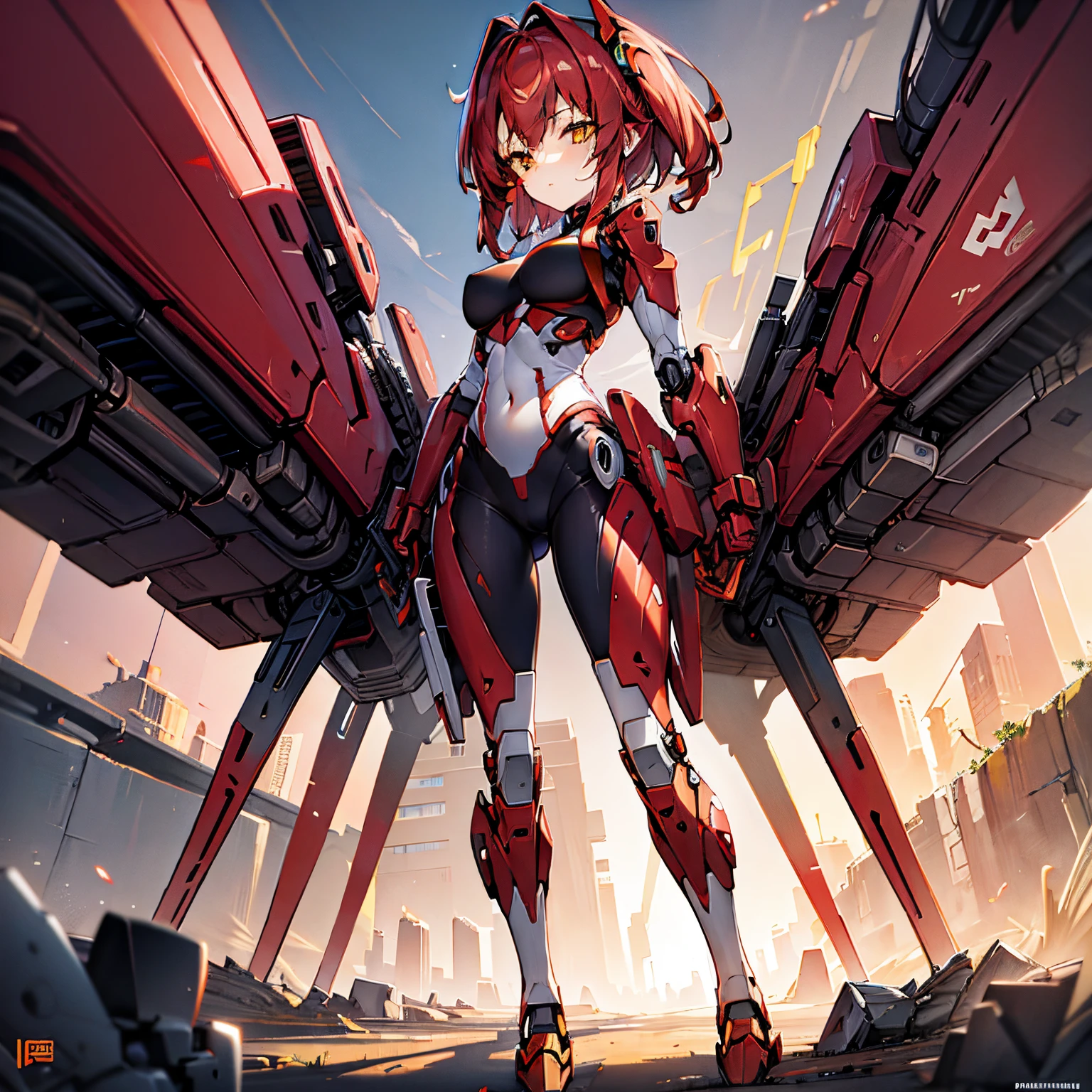 1Girl, red hair, medium hair, yellow eyes, robot girl, mecha girl, red metal armor, futuristic rifle in hand, floating the sky, robot floating, sunset, orange sky, 4k, masterpiece, HD