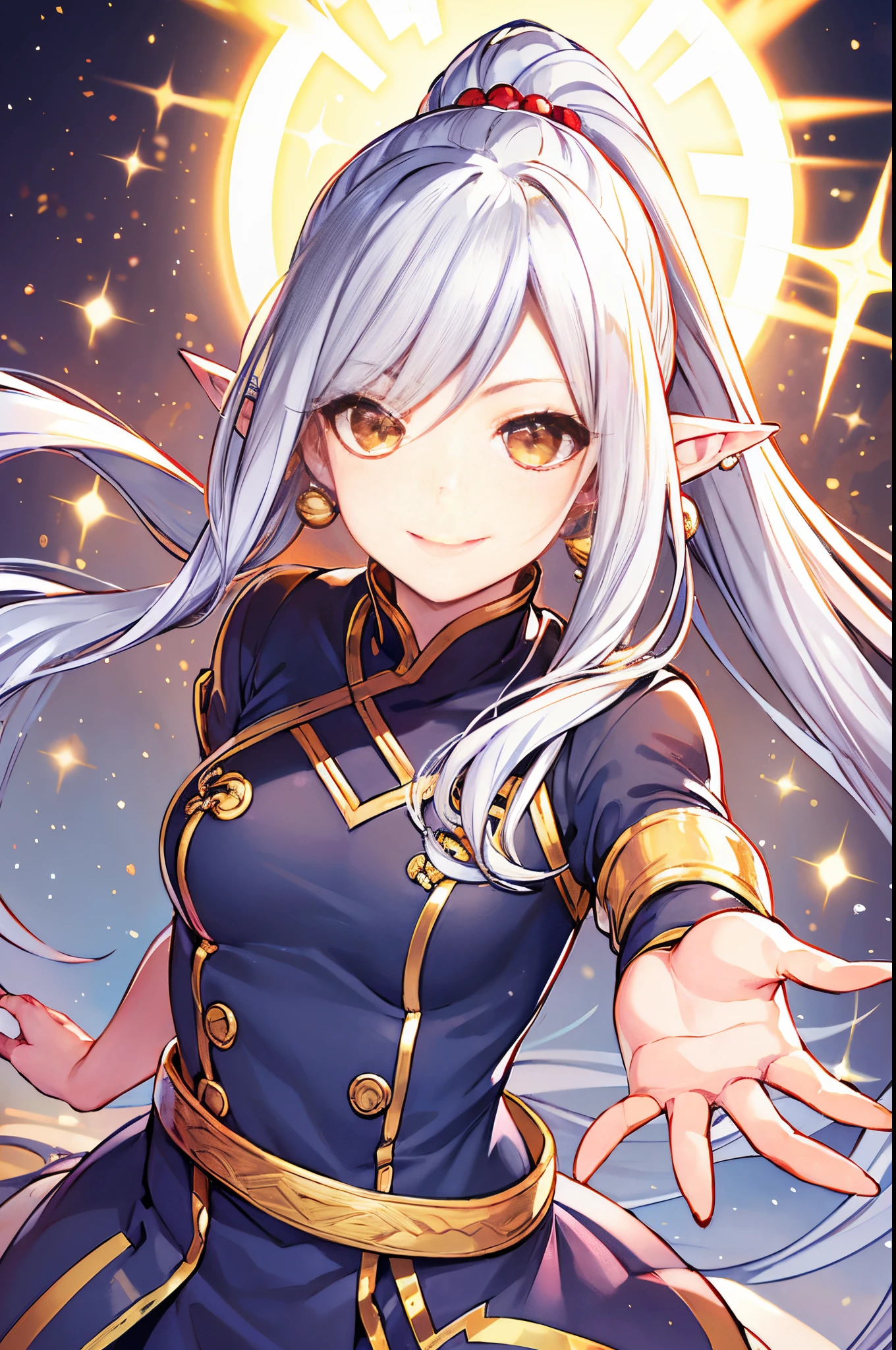 hair bobbles, wince, longeyelashes, Solid Circle Eyes, lightsmile, Silver hair, Ponytail, Very long hair, longeyelashes, Yellow eyes, Crescent Earrings, long pointy ears, Smile, lightsmile, Laughing, Red lips, Anime, spark of light, One-person viewpoint, Dutch Angle, Super Detail, Best Quality, hard disk, Textured skin