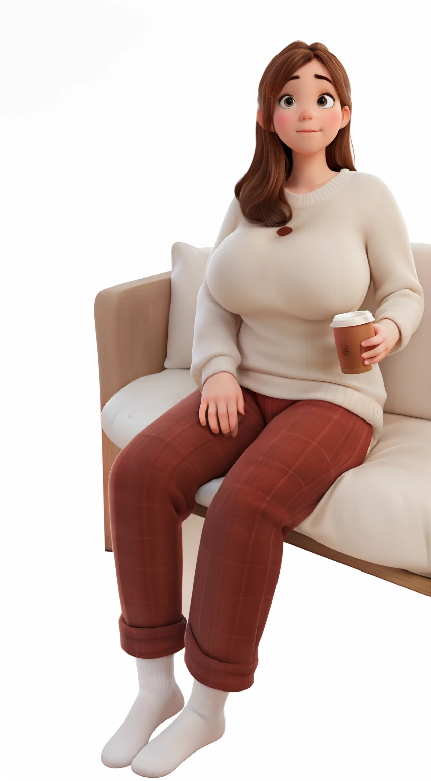 (best quality), big head, (1girl with gigantic breasts:1.3) Girl With Brown Hair , White Pale Skin Tone , Korean , Fat Girl , Gigantic Breast , Girl sit on cozy sofa , White Sweater , Red Plaid Pajama Pants , Holding drink Cup , Thanksgiving, hold the cup witth hand, Christmas Vibing , Wearing Socks In Her Feet , Comfortable, Enjoying Time , Details , UHD , 8K