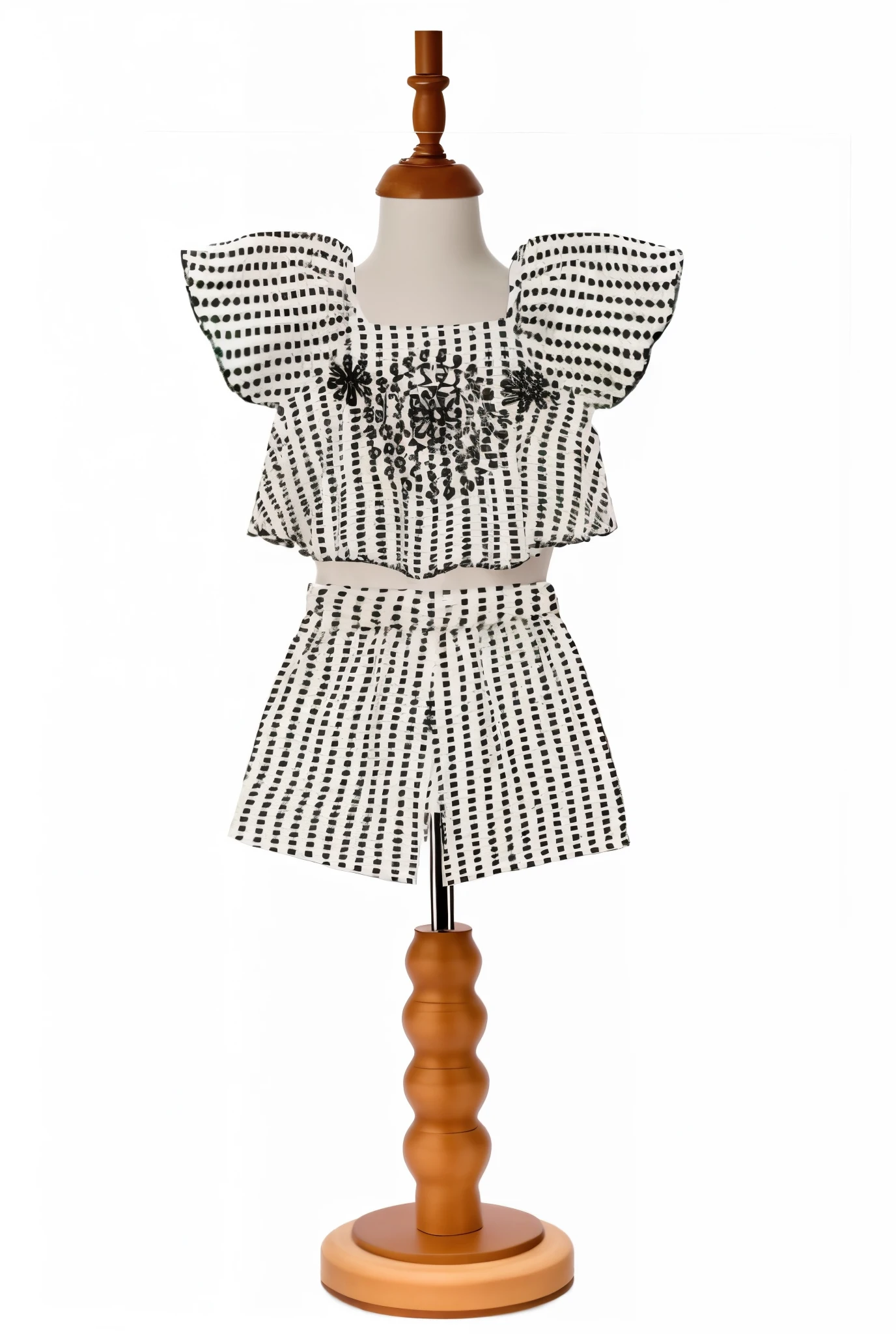 um close de um manequim com um vestido em um suporte de madeira, roupas pretas e brancas, definido contra um fundo branco, ( preto marfim ), olhar, monocromatic, croptop e shorts, Foto completa do produto, Modelado, preto & Branco, foto do produto, listrado, katelynn mini estilo bonito, roupas brancas e pretas, vestido e pano, corpo inteiro, Loli