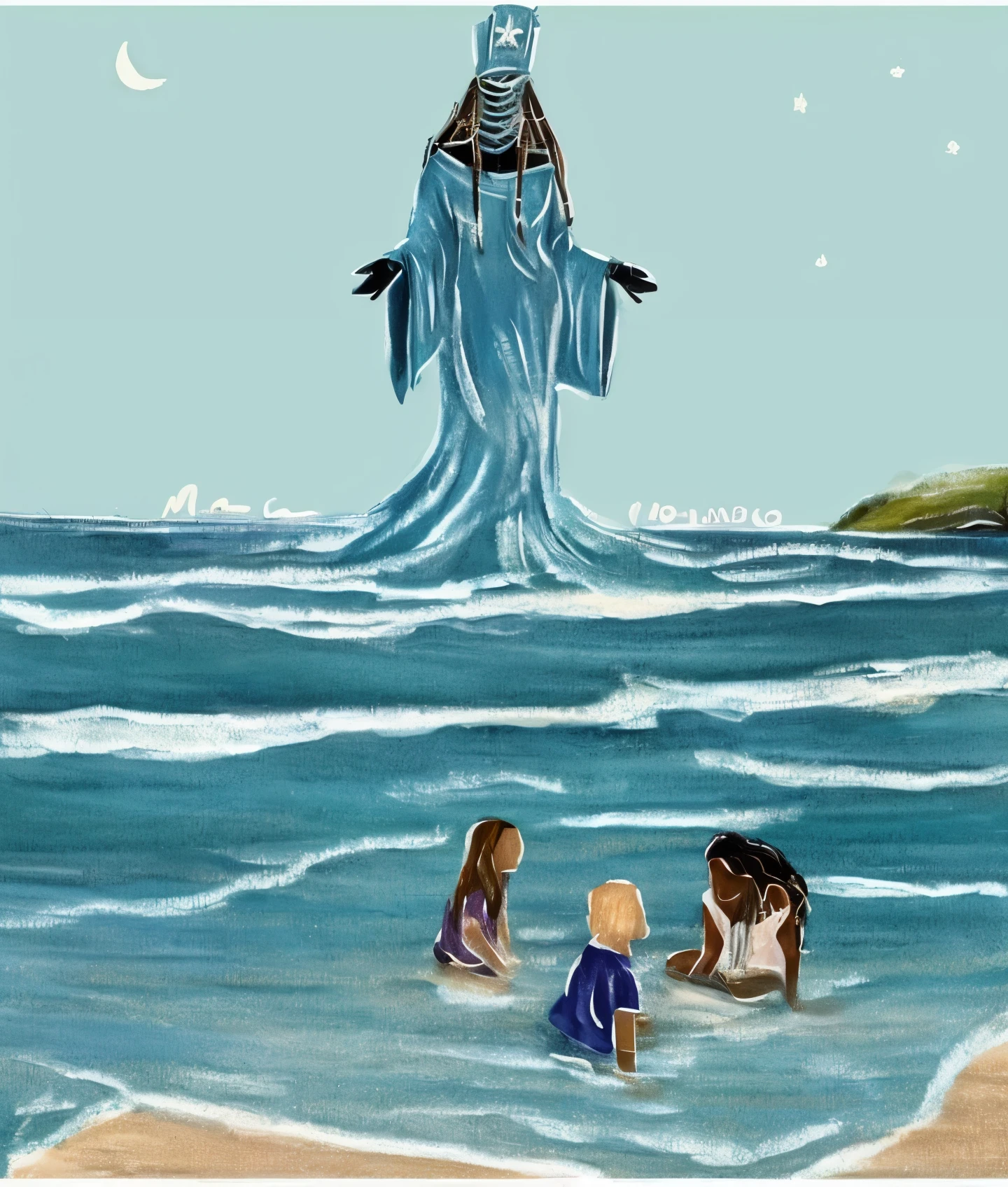 painting of a skeleton and three children in the ocean, beautiful depiction, Erguendo-se do oceano, saindo do oceano, illustration of children's book, illustration for children's book, levantando-se do oceano, Deusa do Oceano, Deusa do Mar, illustration of children's books, Children's illustration, illustration of children's books, wearing a dress made of water, the oracle of the mayan elders