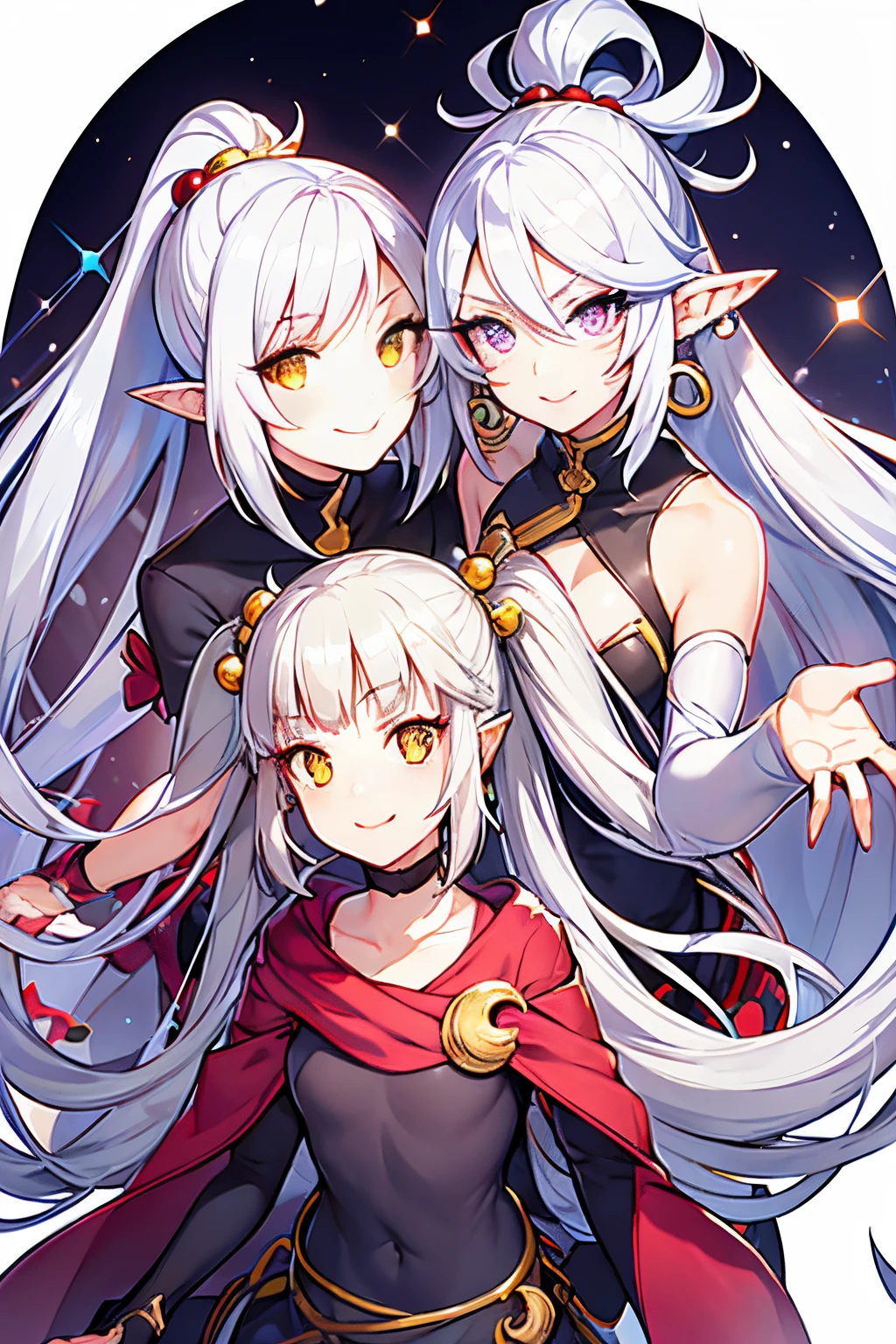 hair bobbles, wince, longeyelashes, solid circle eyes, light smile, silver hair, ponytail, very long hair, longeyelashes, yellow eyes, crescent earrings, long pointy ears, smile, light smile, laughing, red lips, anime, sparkle, first-person view, dutch angle, super detail, best quality, HD, textured skin
