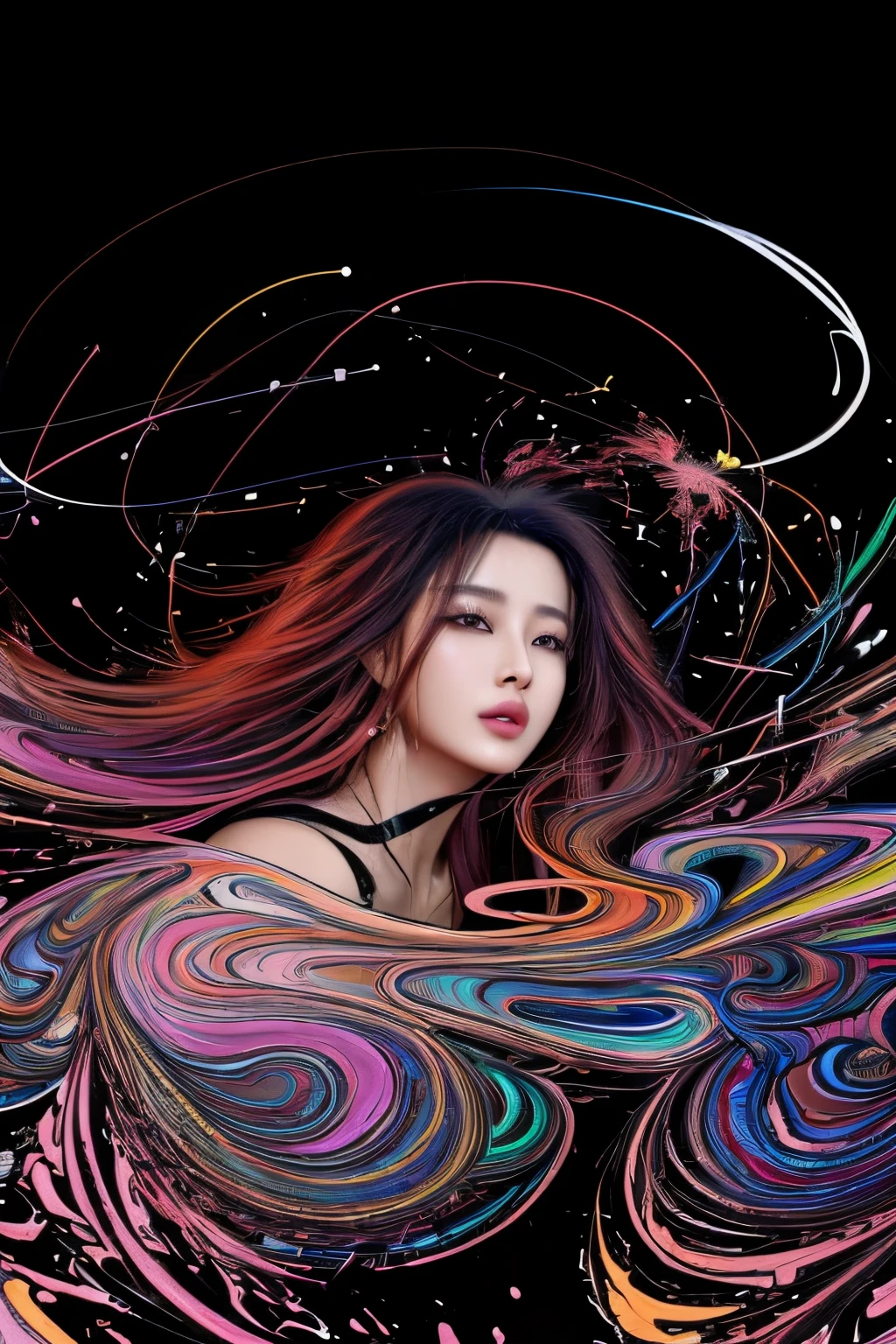 (line art:1.5),Many colors,A beautyful girl,model shoot style,abstract paintings, (extremely detaild的 CG unified 8k wallpapers), A chaotic storm of lines rises from the complex liquid smoke overhead, Stylized abstract portrait of beautiful girl,
