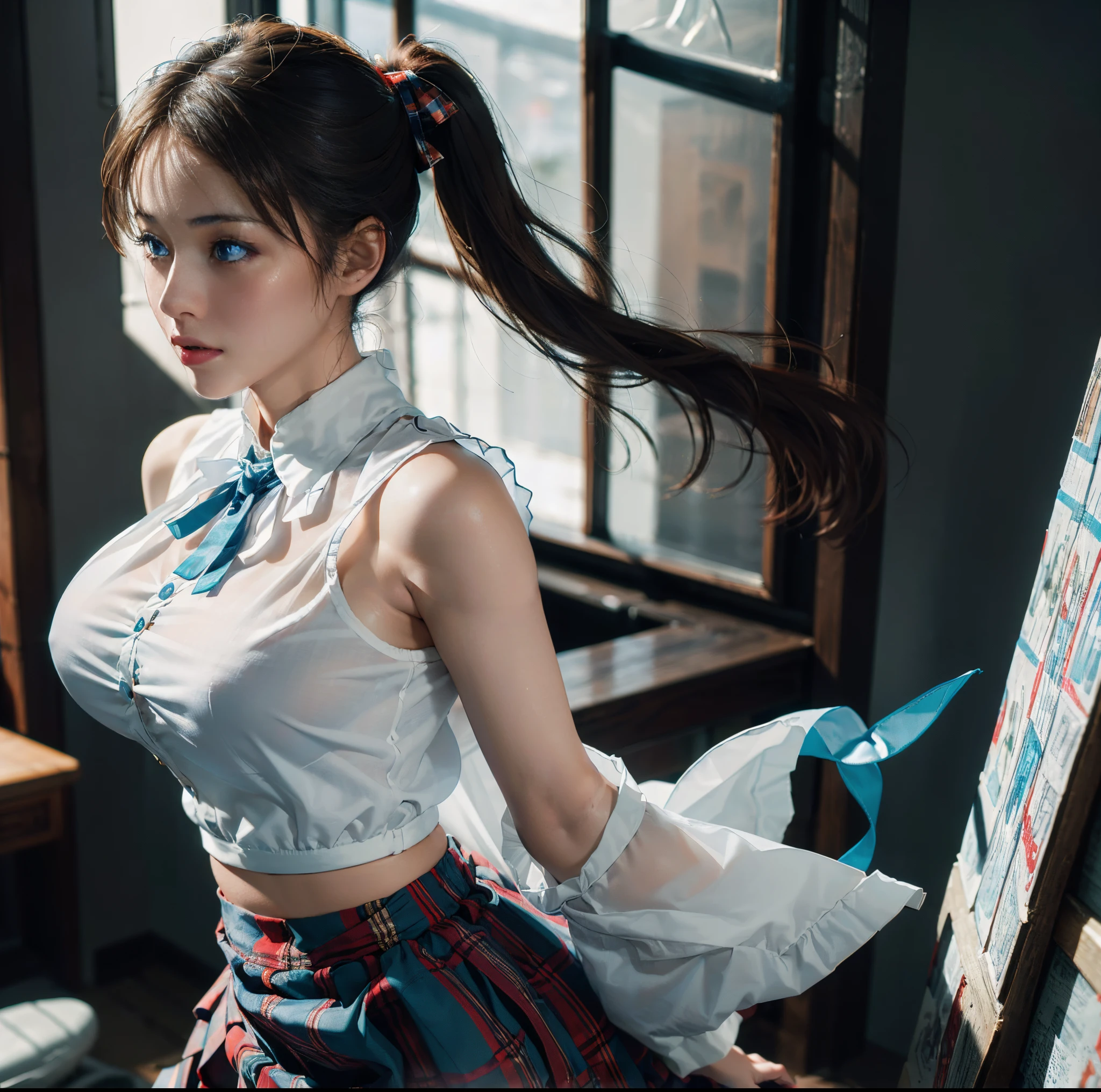 top-quality, 8K picture quality, masterpiece, Professional lighting without shadows, A hyper-realistic, perfect anatomia, (Two girls), (with perfect body、Colossal breasts with tension:1.2), Bright whitening skin, (Plump red tear bags and bright and beautiful blue eyes reflect a lot of light:1.2)、 A deep red ribbon tie is wrapped around the collar..、A tight and neat blouse made of ultra-thin white fabric that fits perfectly against your skin.、No skin is exposed on the upper body。, Dress up with a super short mini pleated tartan check skirt., (her skirt is dramatically too short:1.3), (Proudly showing off her taut huge breasts from the front through her blouse:1.2), (Another girl on the other side pulls up her skirt and shows off her big ass from behind:1.2),