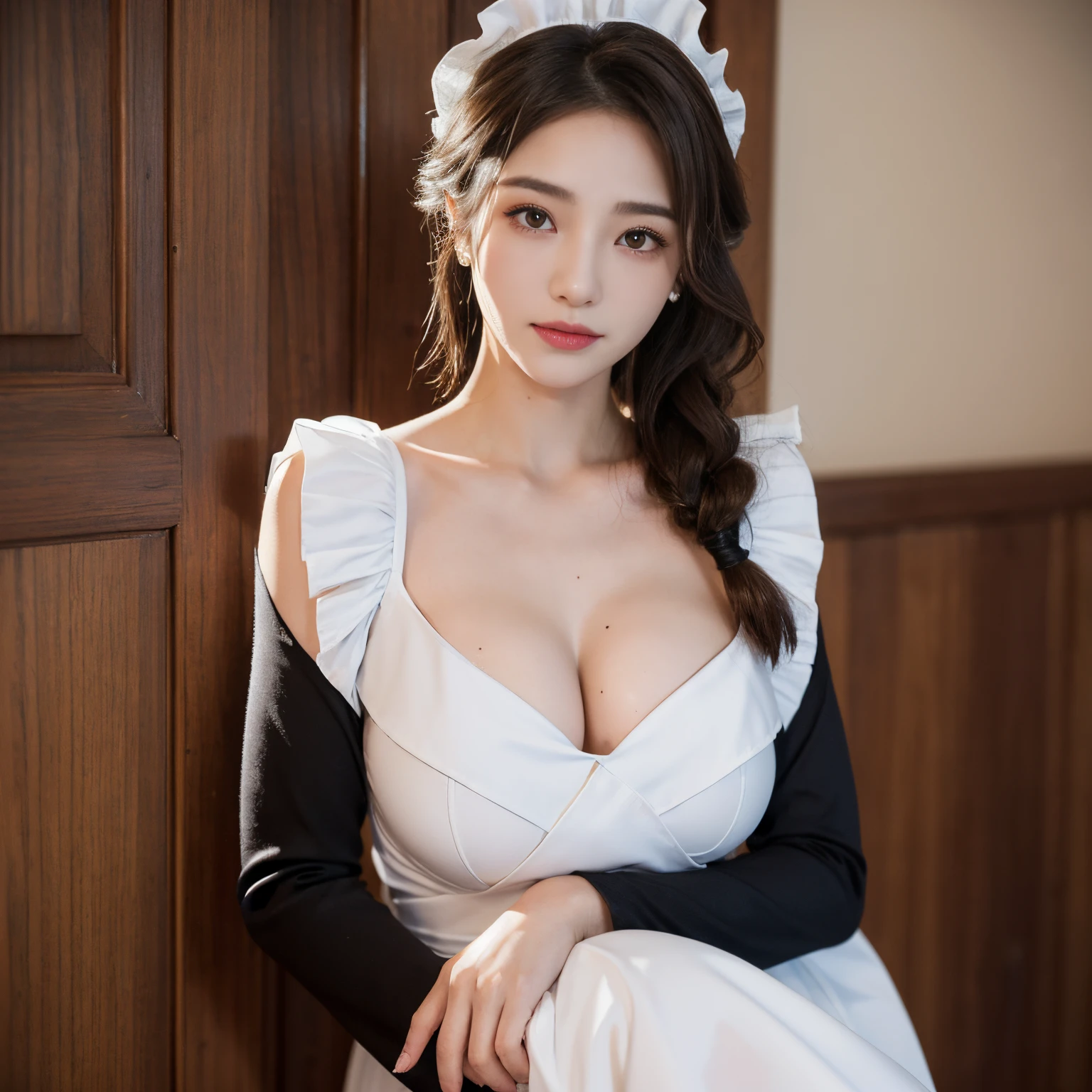 ((top-quality、8K、masterpiece:1.3))、。 40k、a picture、masterpiece、top-quality、、((Girl with gray eyes、She has a beautiful face))、(8K, Raw photo, 超A high resolution, Best Quality, masutepiece:1.2), (realistic illustration), (Highly detailed CG Unity 8k wallpaper), absurderes,14 yo, japanaese girl,Beautiful face,medium breasts,Brown mephium hair, (Upstyle:1.3), Smile,Delighted, Cheerful,(maid:1.2),Bow,Long sleeves, Black sleeves, dark brown long tights, Maid headdress、very large breast、cleavage of the breast、exposed shoulder、Chunky lips、long lashes、radiant eyes、Tears、Ocean wind、dishevled hair、uneasy、Constriction、A sexy、Erotic、((Moles under the corners of the eyes:1.4))