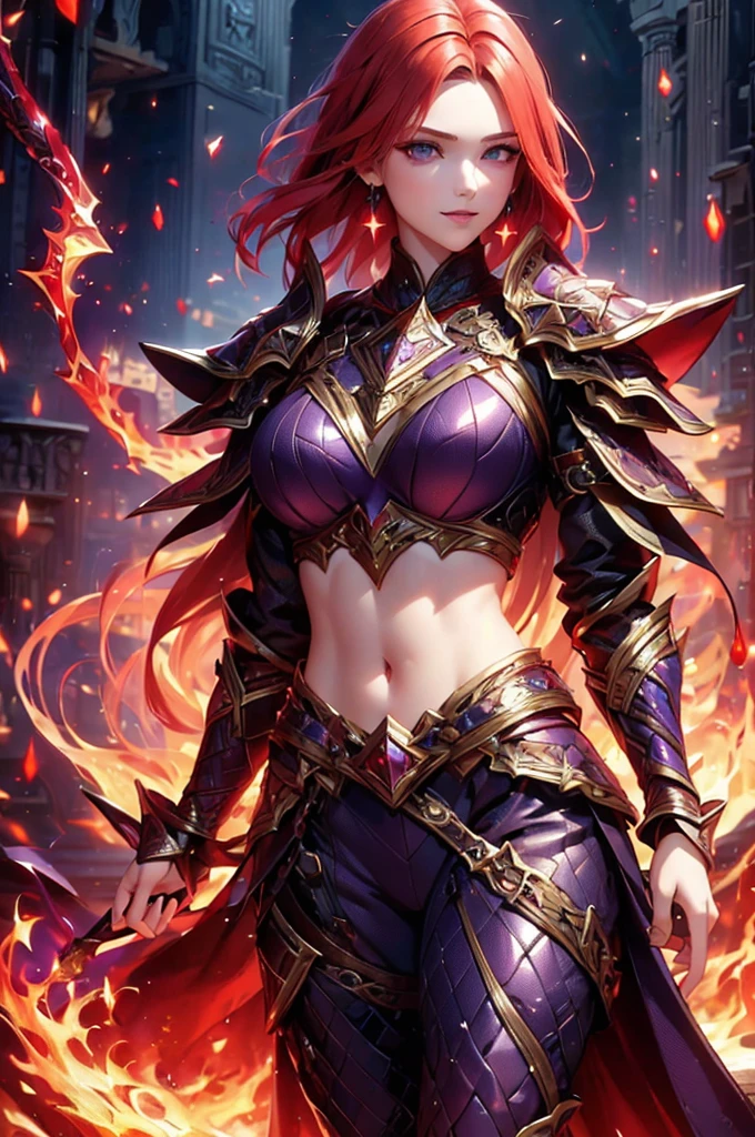 (best quality,4k,highres),redhead warrior women in battle,blue eyes, short hair,red hair (redhead):1.1,purple armor,gold plating,fire magic (magic:1.1),holding sword,purple earrings, smirk, confident, large breast,exposed belly button (sexy),casting spell,ultra-detailed,realistic,vivid colors, purple gems