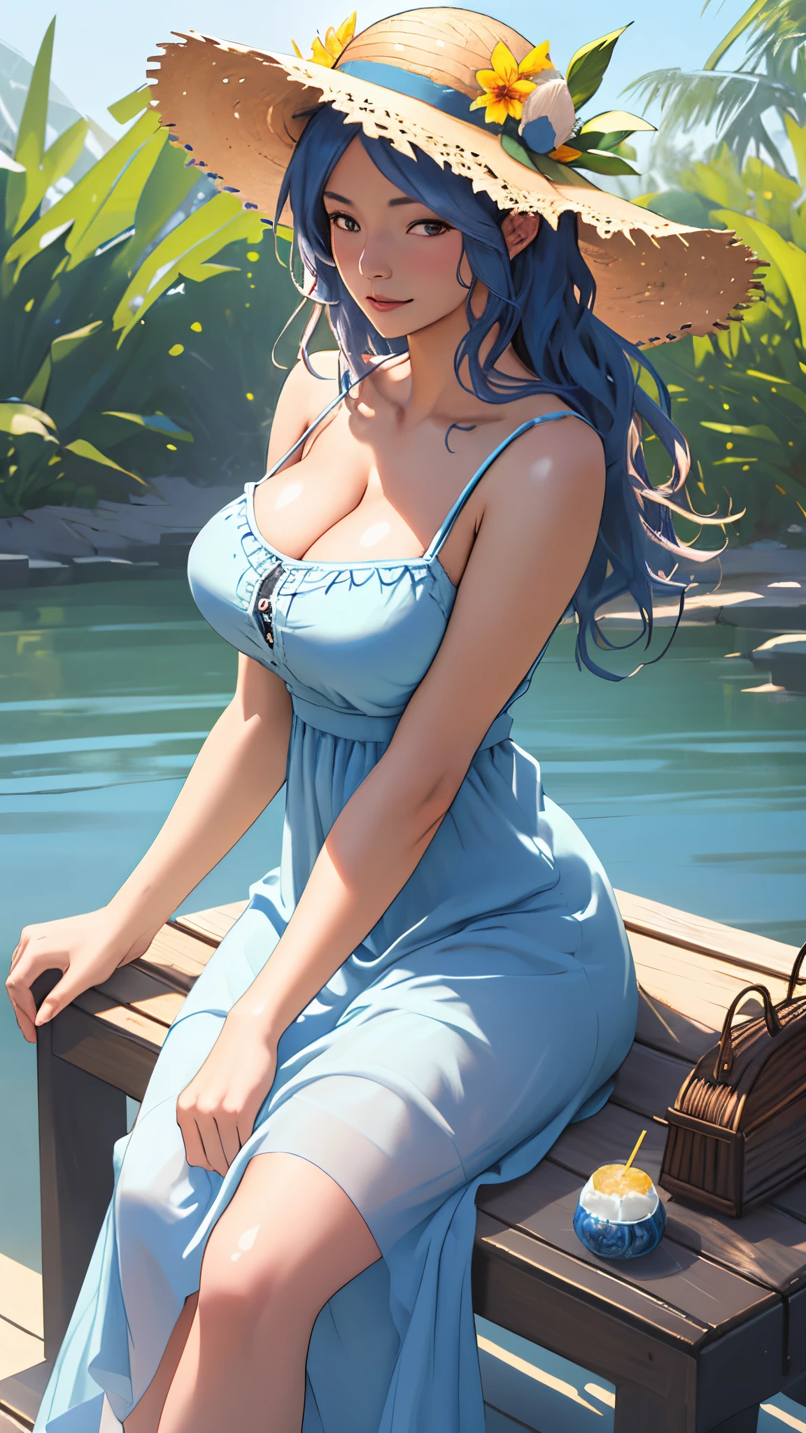 Masterwork, Best Quality, ultra-detailed, cinematic lighting, photo-realistic, Beautiful girl in a blue dress and straw hat sitting on a bench, hot girl, [ 8 k ]!!, beautiful alluring woman, seductive girl, casual pose, detailed, sun dress, Straw Hat, Milf, gigantic boobs, sexy body, buxom, nipples