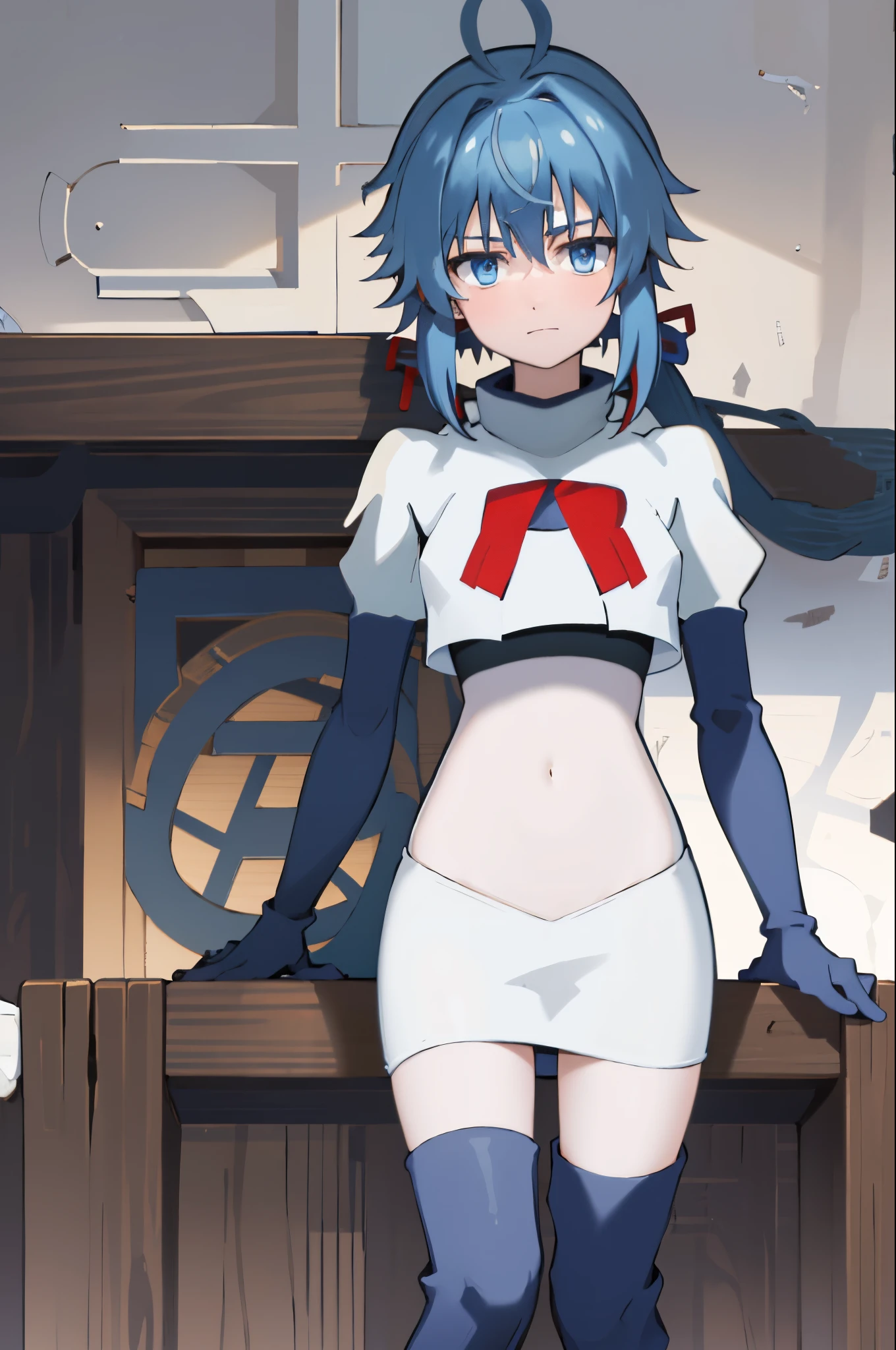 best quality, (masterpiece:1.2), detailed, medieval,
Re=L Rayford,
1girl, solo, closed mouth,
short hair with long locks, blue hair, ponytail, blue eyes, red ribbon, sidelocks, ahoge,
team rocket,team rocket uniform,white skirt,crop top,red letter R,black thigh-high boots,black elbow gloves,