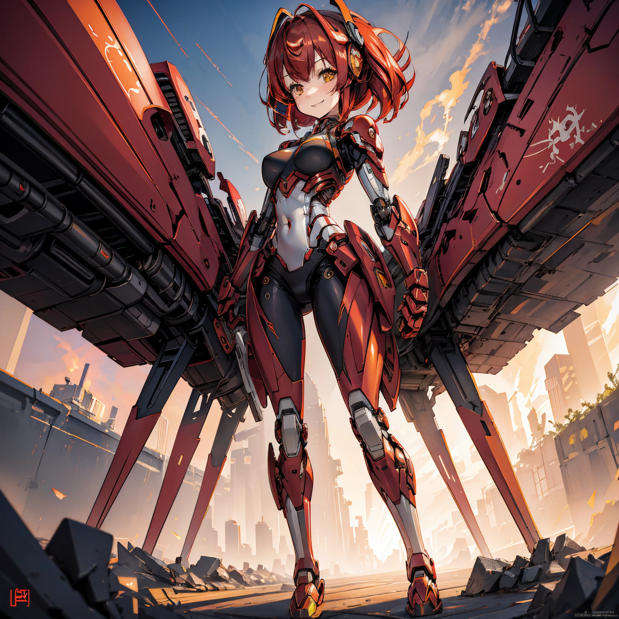 1Girl, red hair, medium hair, yellow eyes, smiling, robot girl, mecha girl, red metal armor, floating the sky, robot floating, sunset, orange sky, 4k, masterpiece, HD