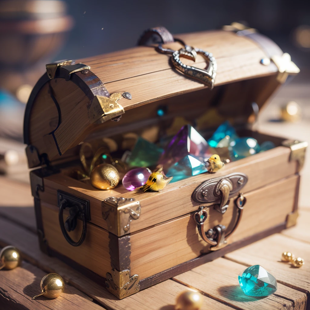 Create a fantasy and magical canary, Treasure chest with precious stones inside --auto --s2