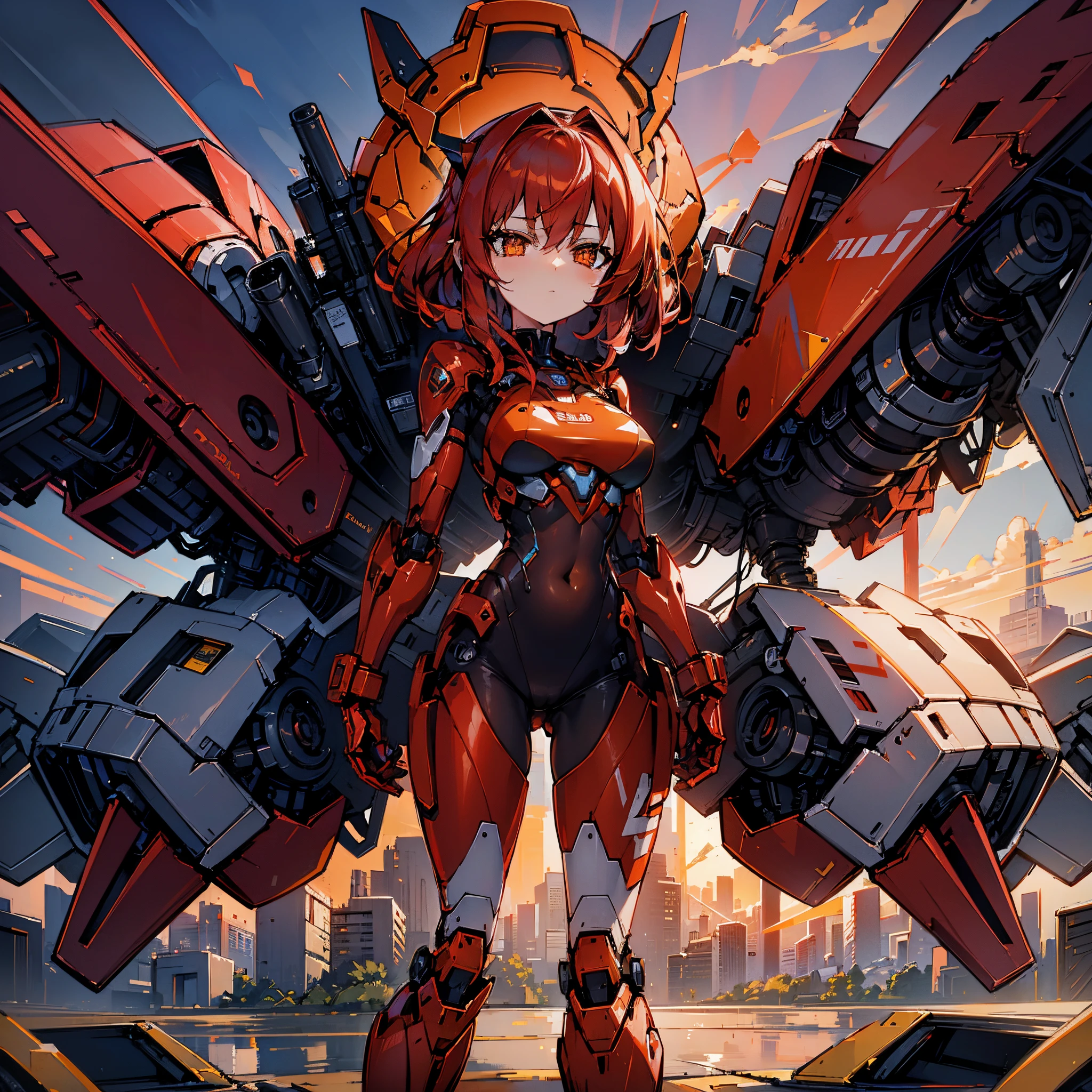 1girl, red hair, medium hair, olhos amarelos, robot girl, Mecha Menina, armadura de metal vermelho, floating into the sky, floating robot, Sunset, Orange skye, 4k, master part, disco Rigido