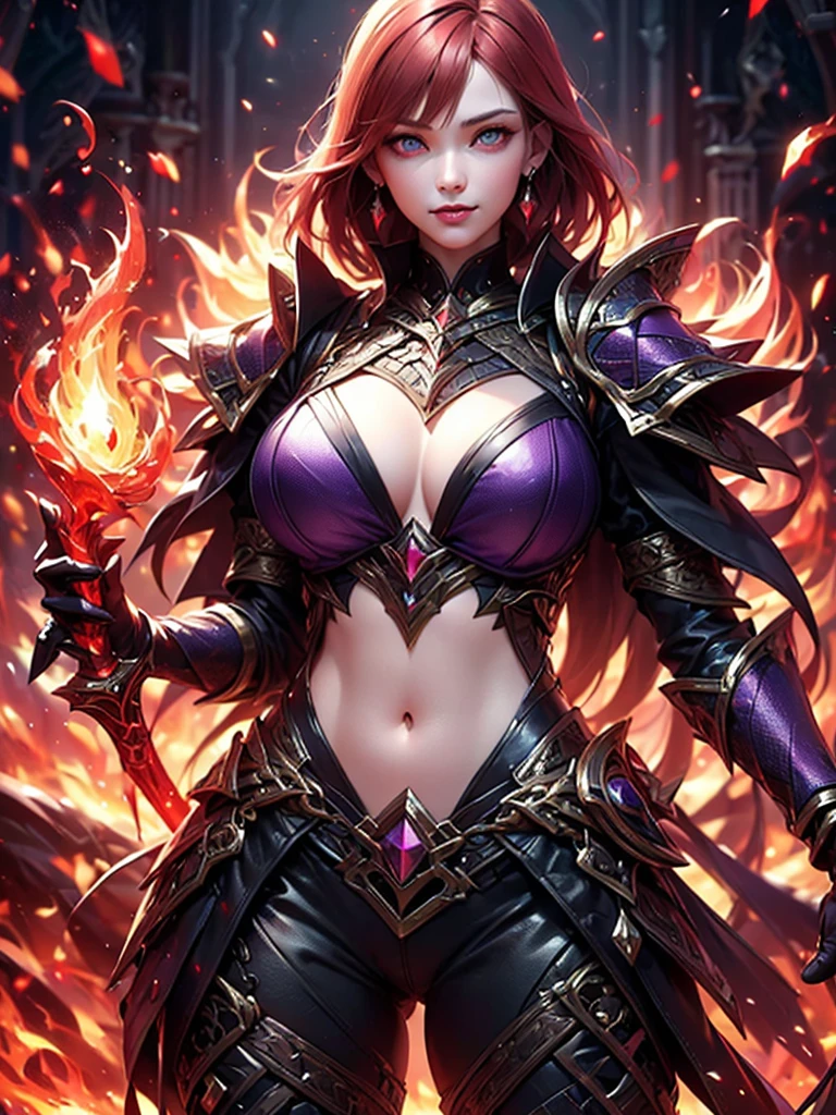 (best quality,4k,highres),redhead warrior women in battle,blue eyes, short hair,red hair (redhead):1.1,purple armor,gold plating,fire magic (magic:1.1),holding sword,purple earrings, smirk, confident, large breast,exposed belly button (sexy),casting spell,ultra-detailed,realistic,vivid colors, purple gems