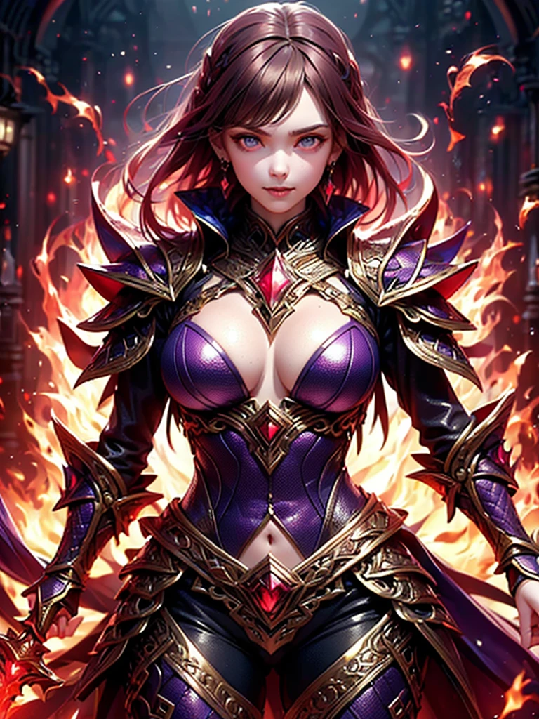 (best quality,4k,highres),redhead warrior women in battle,blue eyes, short hair,red hair (redhead):1.1,purple armor,gold plating,fire magic (magic:1.1),holding sword,purple earrings, smirk, confident, large breast,exposed belly button (sexy),casting spell,ultra-detailed,realistic,vivid colors, purple gems
