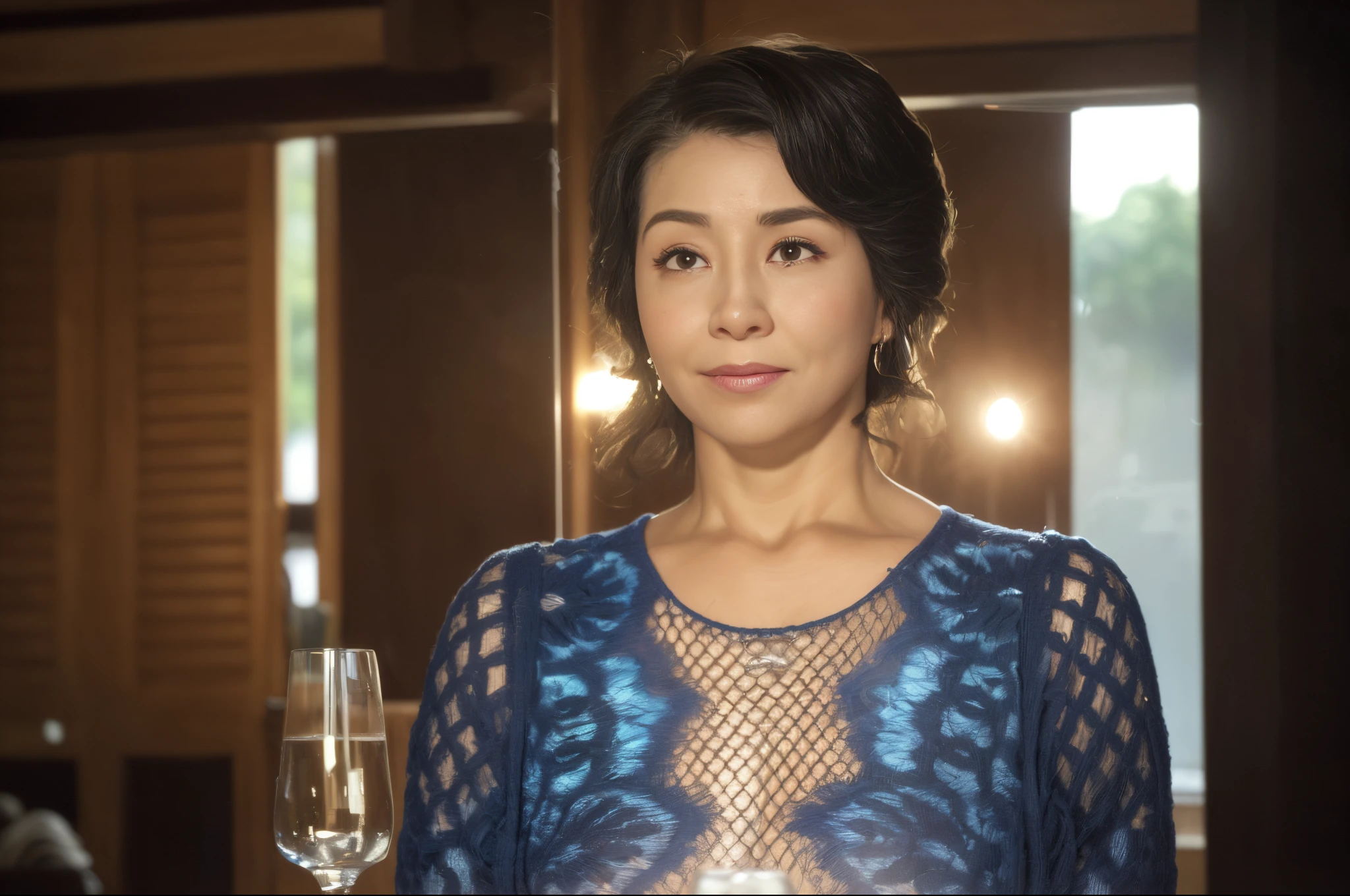 ((Best Quality, 8K, masutepiece, Portrait: 1.3)), (View Viewers), Photorealism, Sharp Focus, Solo, Japan Moro Islamic Liberation Front, Beauty,Wavy Hair, Wrinkles at the corners of the eyes, emphasize, ((Big breasts:1.3))),，30 years old, Curly, crinkled eyes, (Sweaters, standing on your feet:1.2),（（looking at viewert））