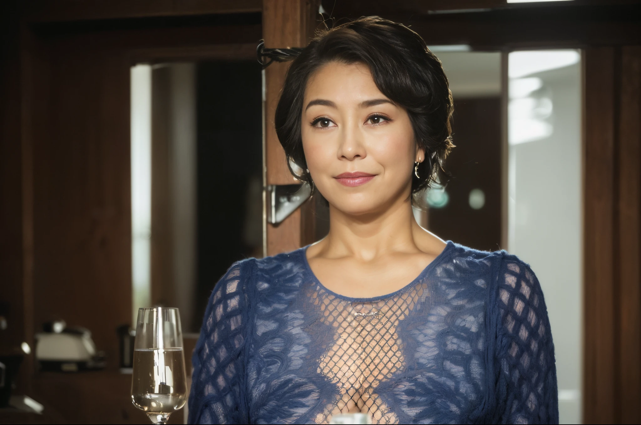 ((Best Quality, 8K, masutepiece, Portrait: 1.3)), (View Viewers), Photorealism, Sharp Focus, Solo, Japan Moro Islamic Liberation Front, Beauty,Wavy Hair, Wrinkles at the corners of the eyes, emphasize, ((Big breasts:1.3))),，30 years old, Curly, crinkled eyes, (Sweaters, standing on your feet:1.2),（（looking at viewert））