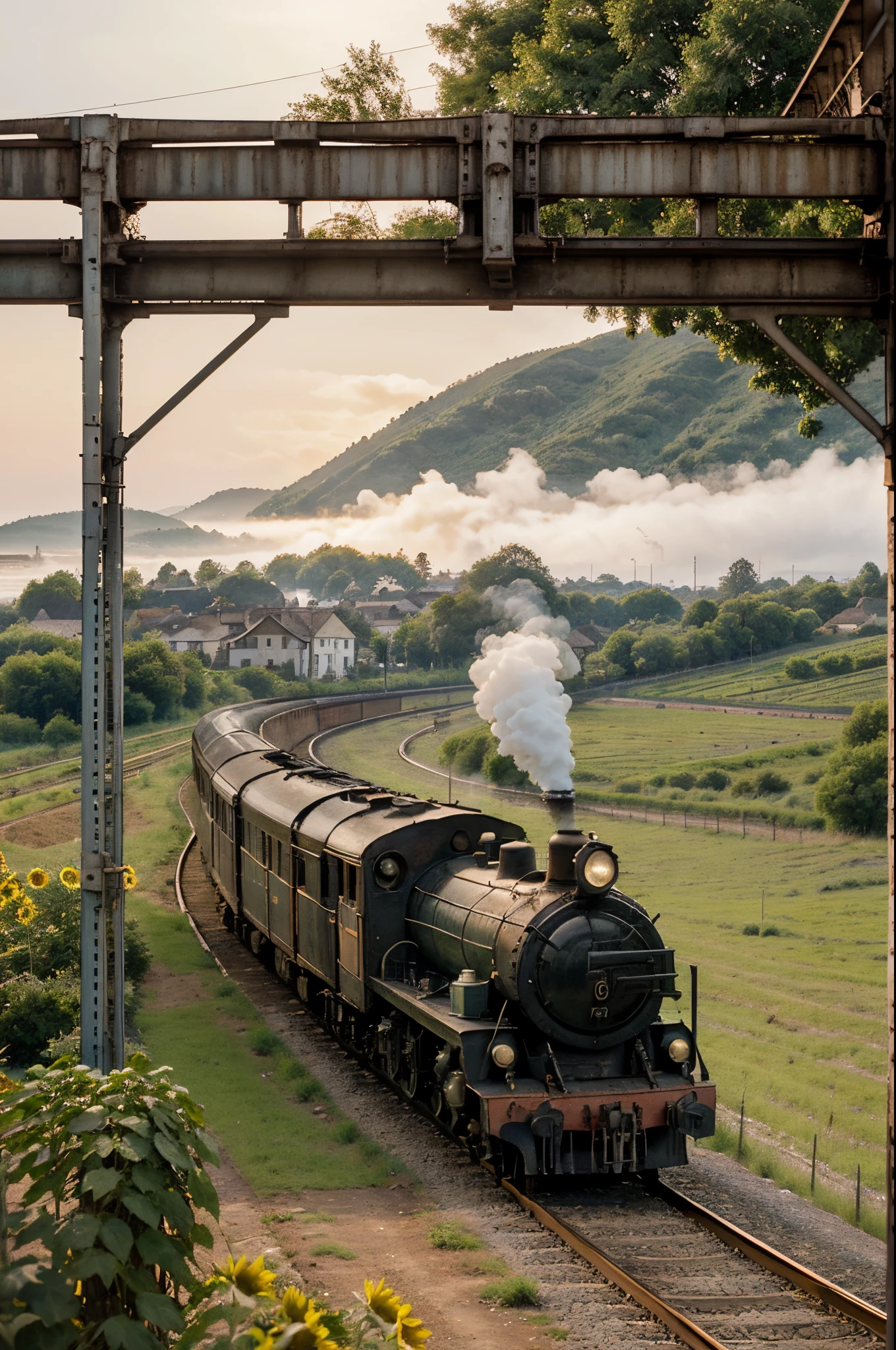 trans europe express,old vintage train,crossing multiple countries,steam locomotive,majestic scenery,rustic landscape,rolling hills,quaint villages and towns,misty mountains,romantic sunset,rails disappearing into the horizon,iconic landmarks along the way,overlooking fields of sunflowers,delicious local cuisines,slow pace of travel,passengers enjoying the journey,friendly conversations,reading books by the window,listening to the rhythmic sound of the train,feeling the gentle vibrations,feeling a sense of adventure,nostalgic atmosphere,impeccable attention to detail,rich color palette,soft natural lighting,captivating compositions,impressionistic style,vintage sepia tones,endless possibilities in every stop along the way.