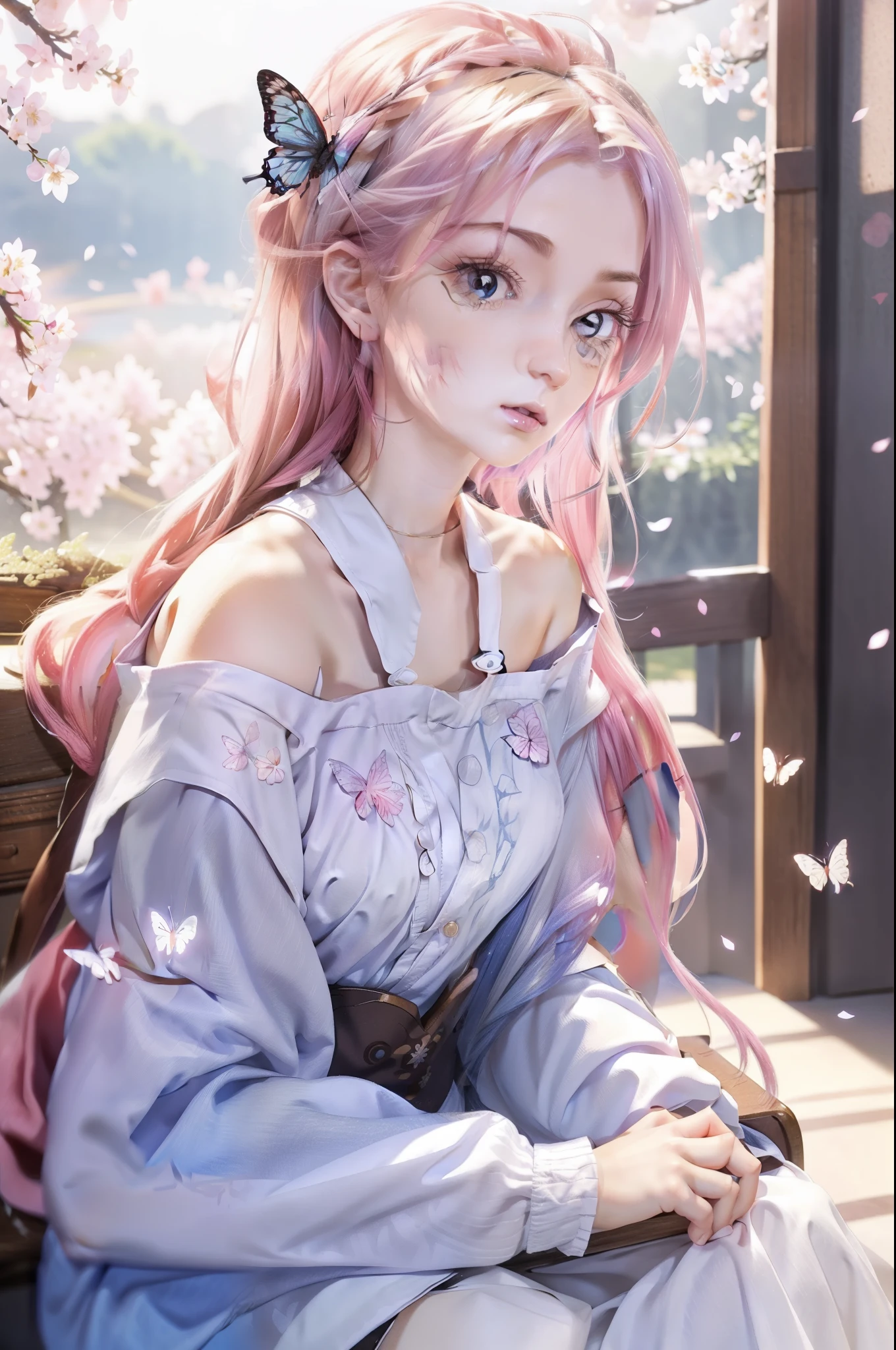 Best quality, highly detailed, perfect masterpiece, ultra detailed, (reality, official art: 1.2), 1 girl, (white background, cherry blossoms and butterflies blowing in the wind), simple background, delicate eyes, pink hair, blue eyes, long detailed eyelashes, hair_ornament, (white off-the-shoulder shirt: 1.3), long hair, pointy_ears, crown_braid, expressionless, straight hair, (++ sitting: 1.2), room,