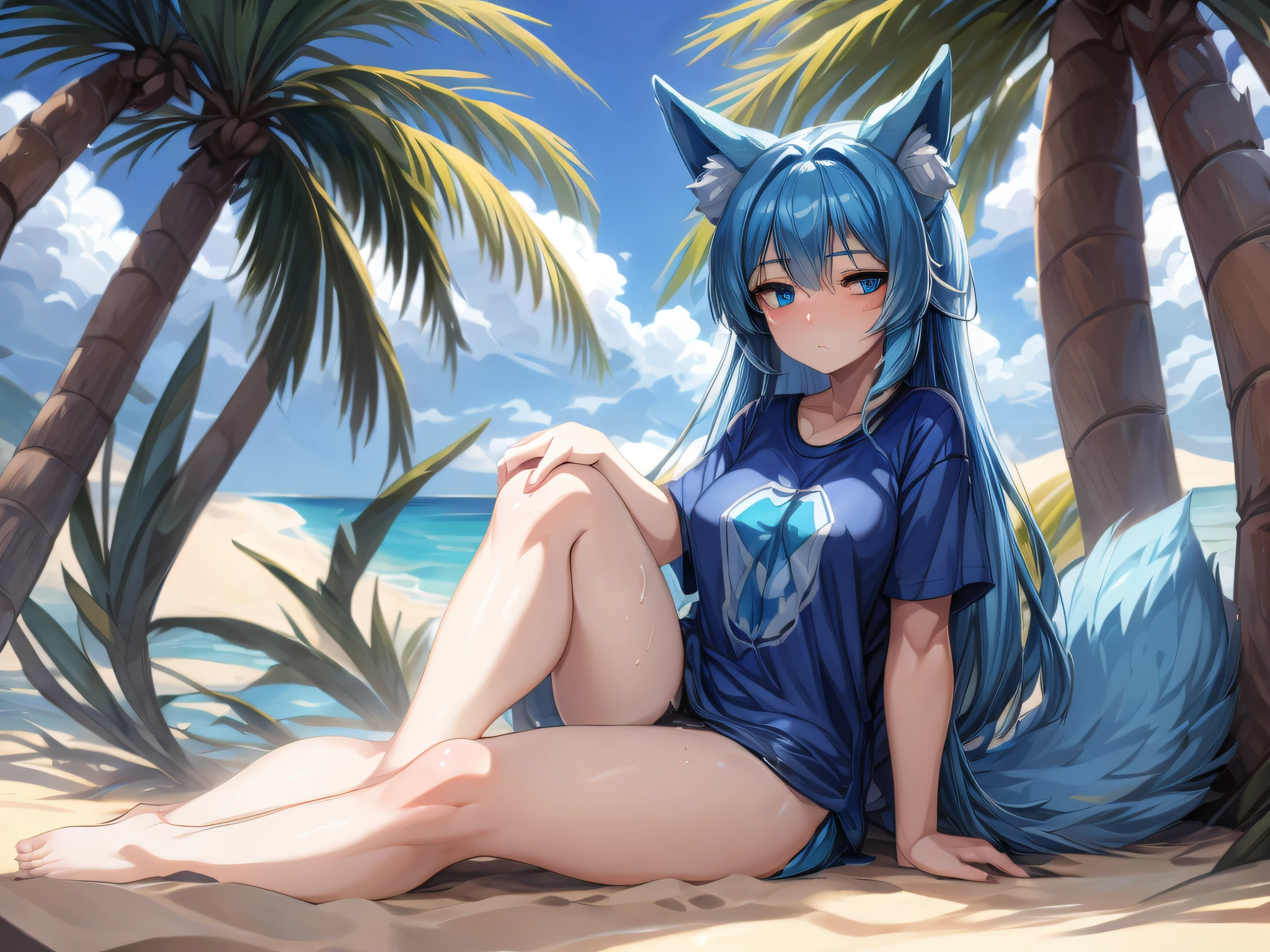 (Masterpiece) (High Detail) (High Res) A short humanoid girl with pale skin and blue eyes and long blue hair and blue dog ears and a big fluffy dog tail is sat against a palm tree alone on a small desert island. Wearing only an oversized t-shirt which is dusty dirty and ripped a little. Her hair is messy. She looks tired. She is dirty.