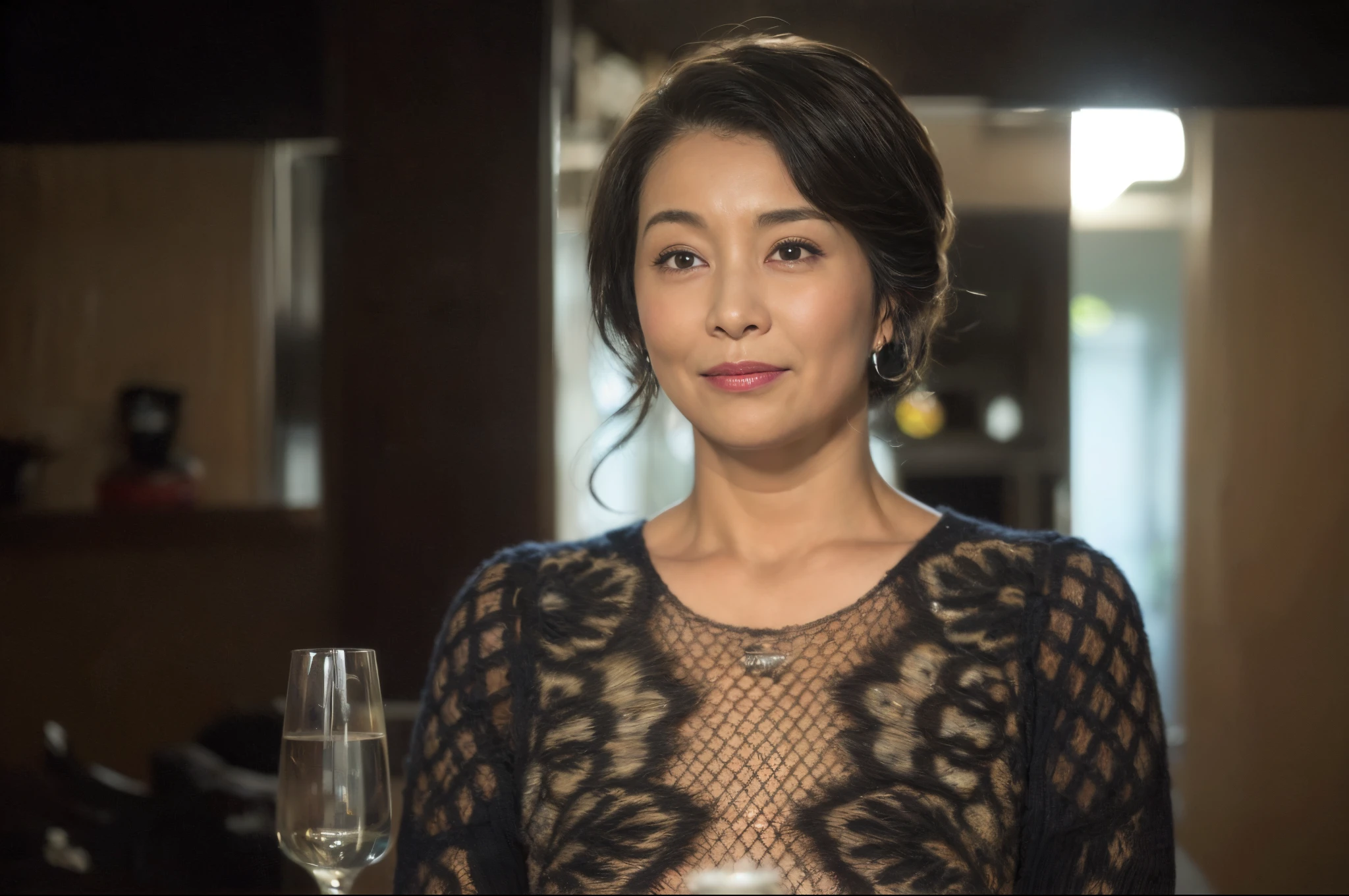 ((Best Quality, 8K, masutepiece, Portrait: 1.3)), (View Viewers), Photorealism, Sharp Focus, Solo, Japan Moro Islamic Liberation Front, Beauty,Wavy Hair, Wrinkles at the corners of the eyes, Emphasize, ((Big breasts:1.3))),,30 years old, Curly, crinkled eyes, (Sweaters, standing on your feet:1.2),((looking at viewert))