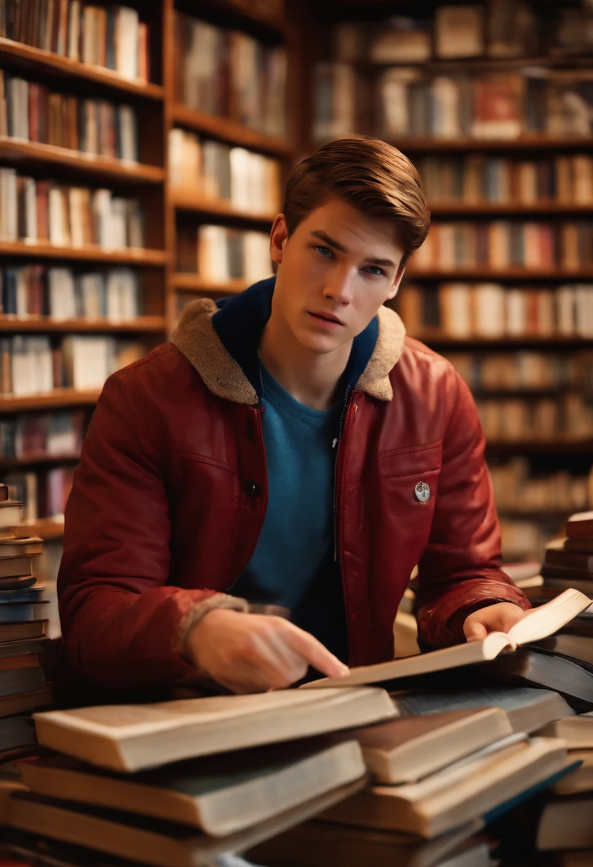 A photo of Nathan at a vintage book store, angrily flipping through a stack of books,Life is Strange video game series,Nathan is a teenage boy with blue eyes, slicked back light brown hair, light freckles, wears a red letterman jacket, mean expression