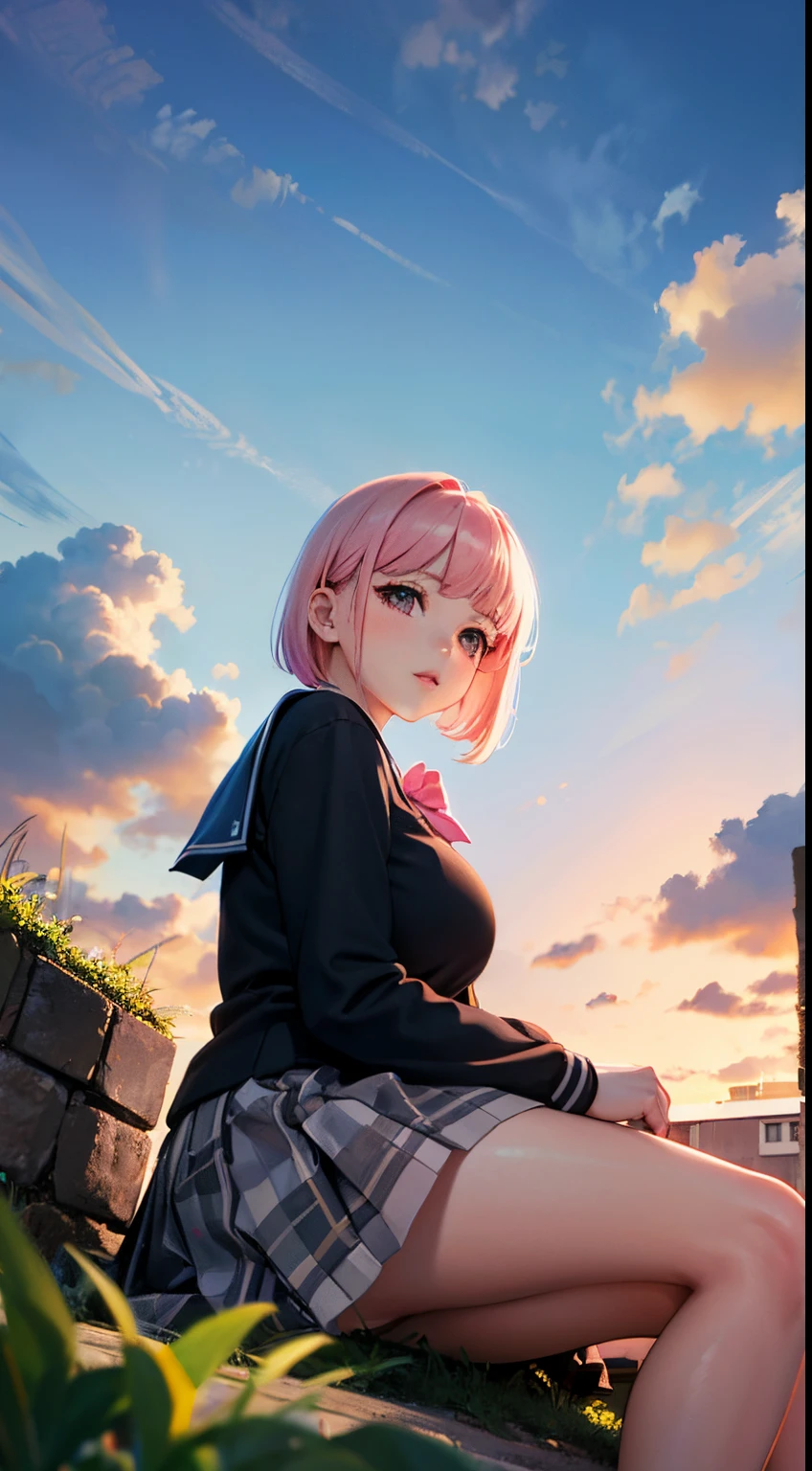 ((top-quality)), ((​masterpiece)), (detaileds), 16K, (from below:1.5), Pink bob hair, beautiful school girl, plump breast, Pink school uniform, sitting on seashore, open her legs, looking at viewer, beautiful pink sky and clouds,