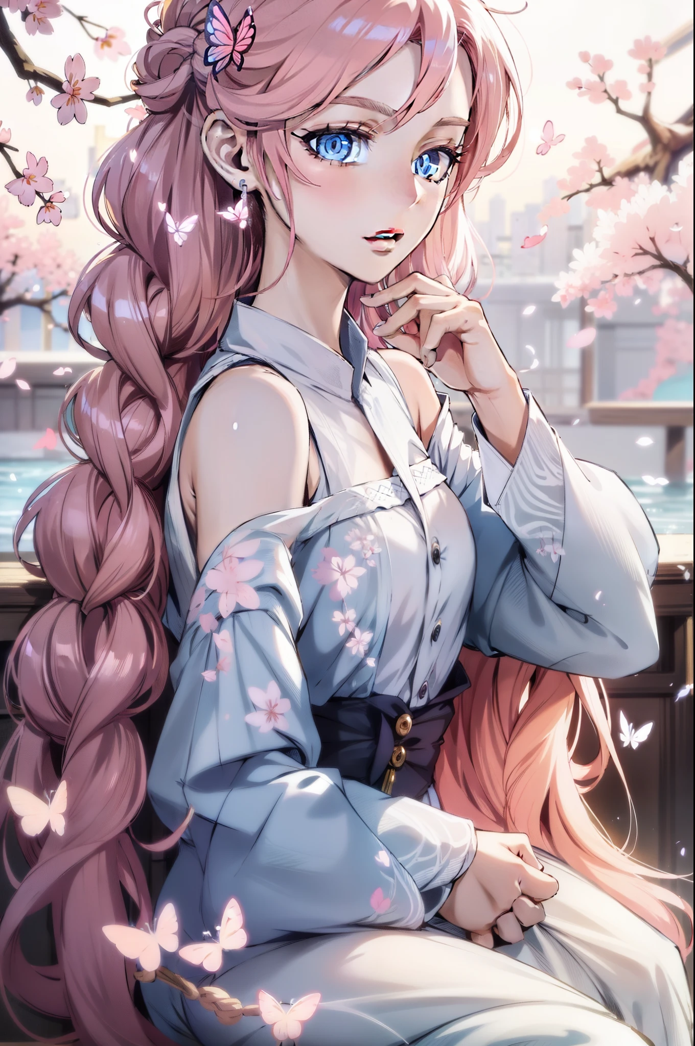 Best quality, highly detailed, perfect masterpiece, ultra detailed, (reality, official art: 1.2), 1 girl, (white background, cherry blossoms and butterflies blowing in the wind), simple background, delicate eyes, pink hair, blue eyes, long detailed eyelashes, hair_ornament, (white off-the-shoulder shirt: 1.3), long hair, pointy_ears, crown_braid, expressionless, straight hair, (++ sitting: 1.2), room,