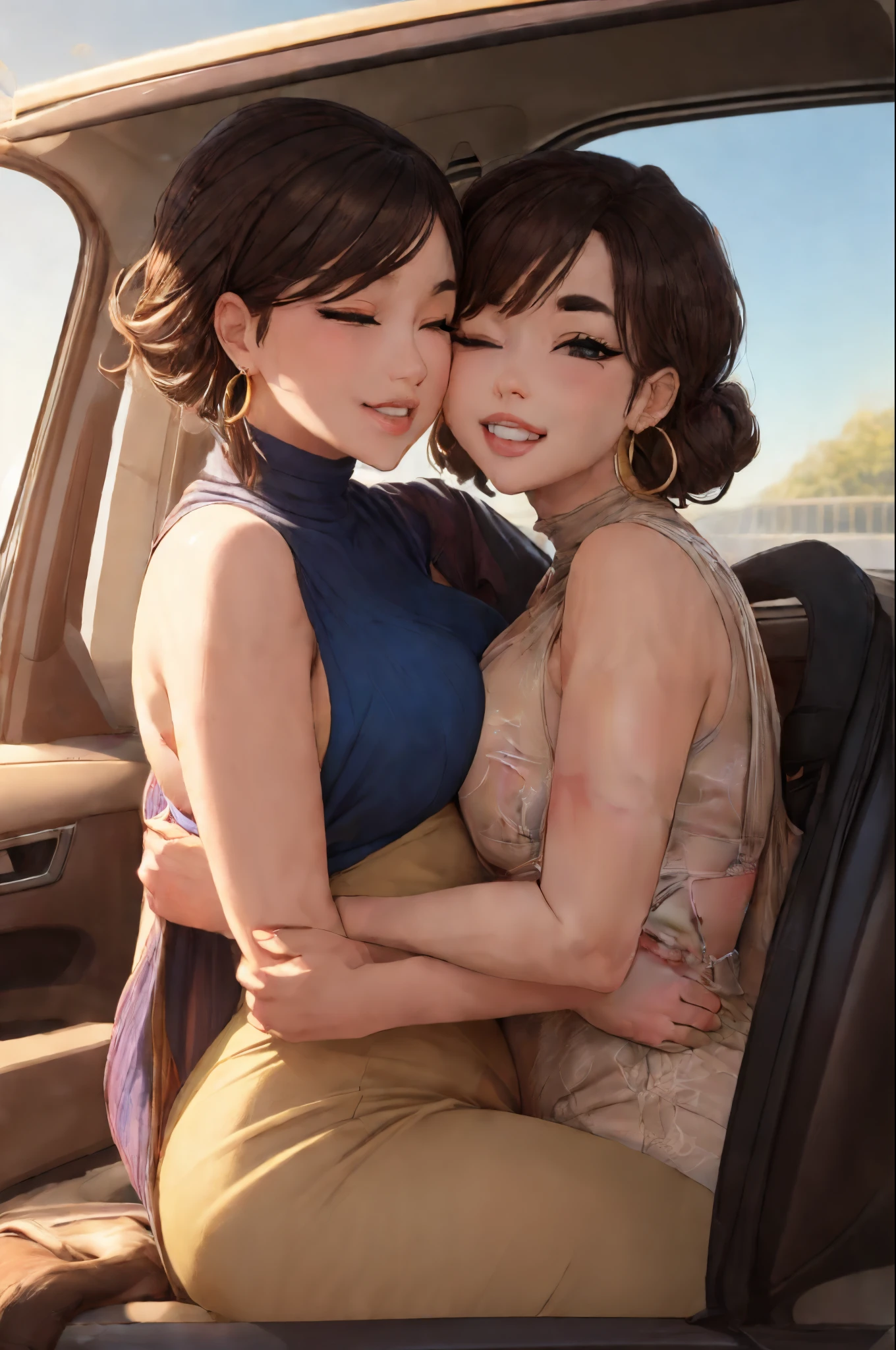highest quality、High resolution、Detailed Background、(Beautiful face in every detail:1.4)、Anatomically correct、(Detailed facial expressions)、(Detailed eyes:1.2)、(Detailed eyes:1.2)、Beautiful women in their 20s、(Highly detailed face:1.4)、well-groomed eyebrows、Cute Eye Makeup、Cute Lip Makeup、Cute clothes with little exposure、Parking area at dawn、
(Two beautiful women laughing while sitting in an open car with a beautiful night view in the background:1.5)