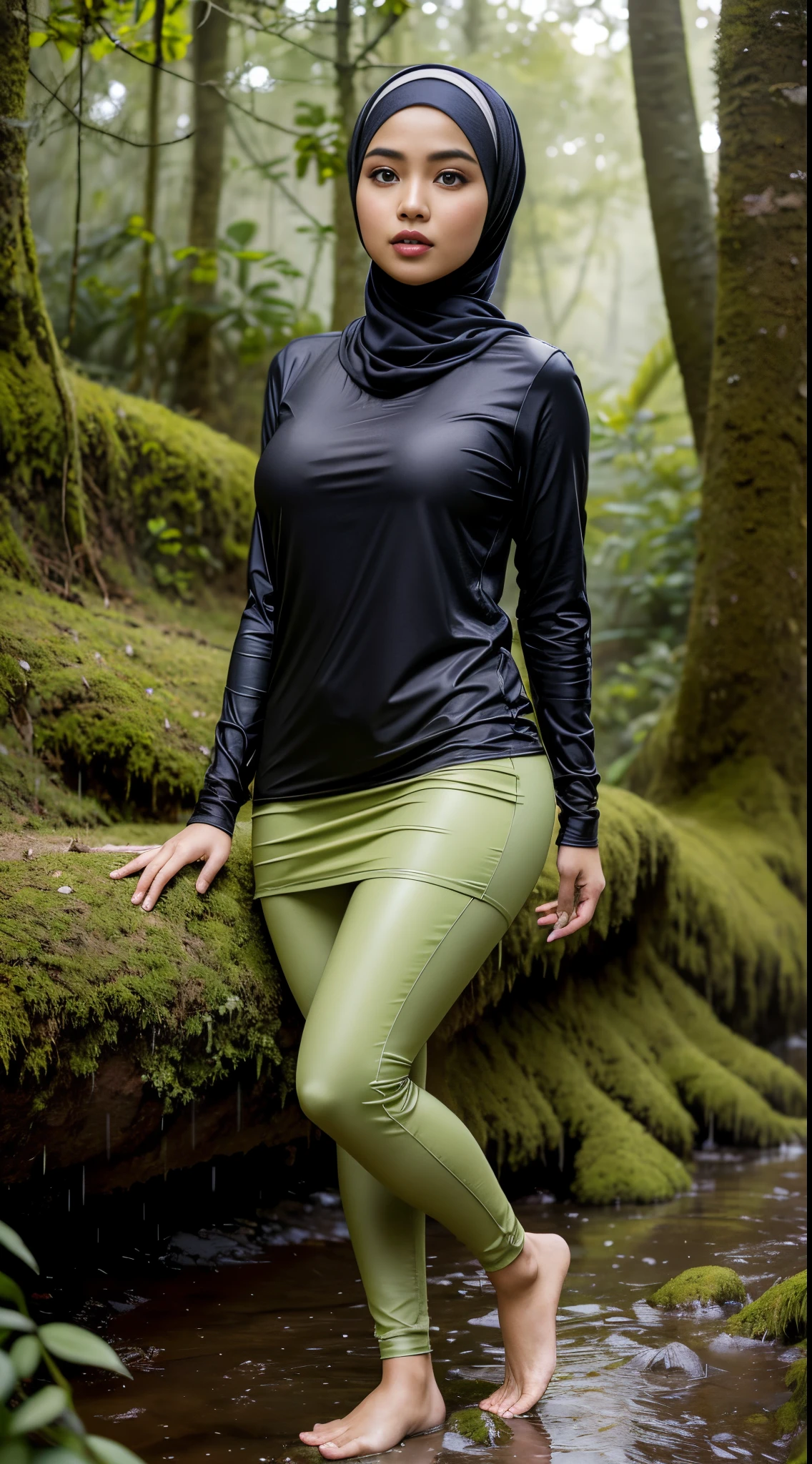 ((best quality)), ((masterpiece)), (detailed), hijab. Wear tight pant . Sexy pose at waterfall. Prone half body look a Front 