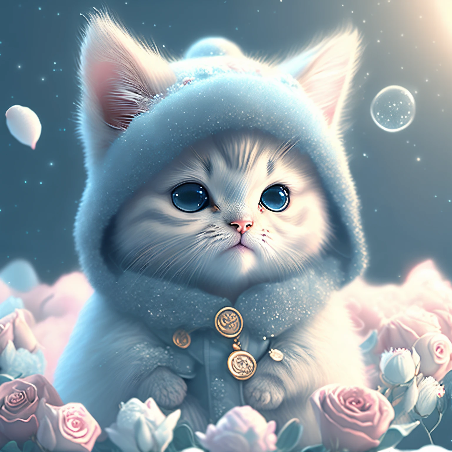 In this ultra-detailed CG art, the adorable kitten surrounded by ethereal roses, best quality, high resolution, intricate details, fantasy, cute animals