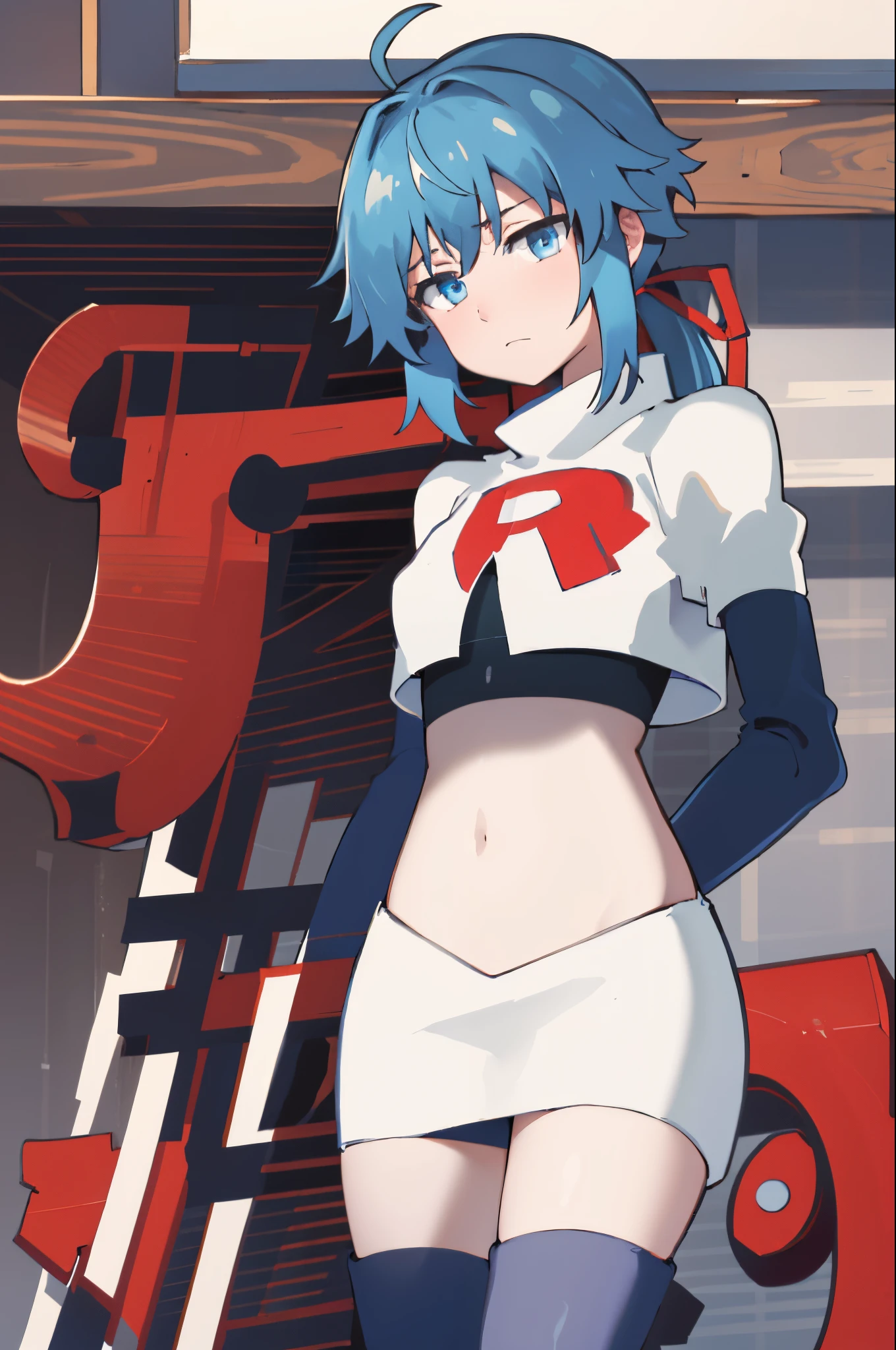 best quality, (masterpiece:1.2), detailed, medieval,
Re=L Rayford,
1girl, solo, closed mouth, 
short hair with long locks, blue hair, ponytail, blue eyes, red ribbon, sidelocks, ahoge,
team rocket,team rocket uniform,white skirt,crop top,red letter R,black thigh-high boots,black elbow gloves,