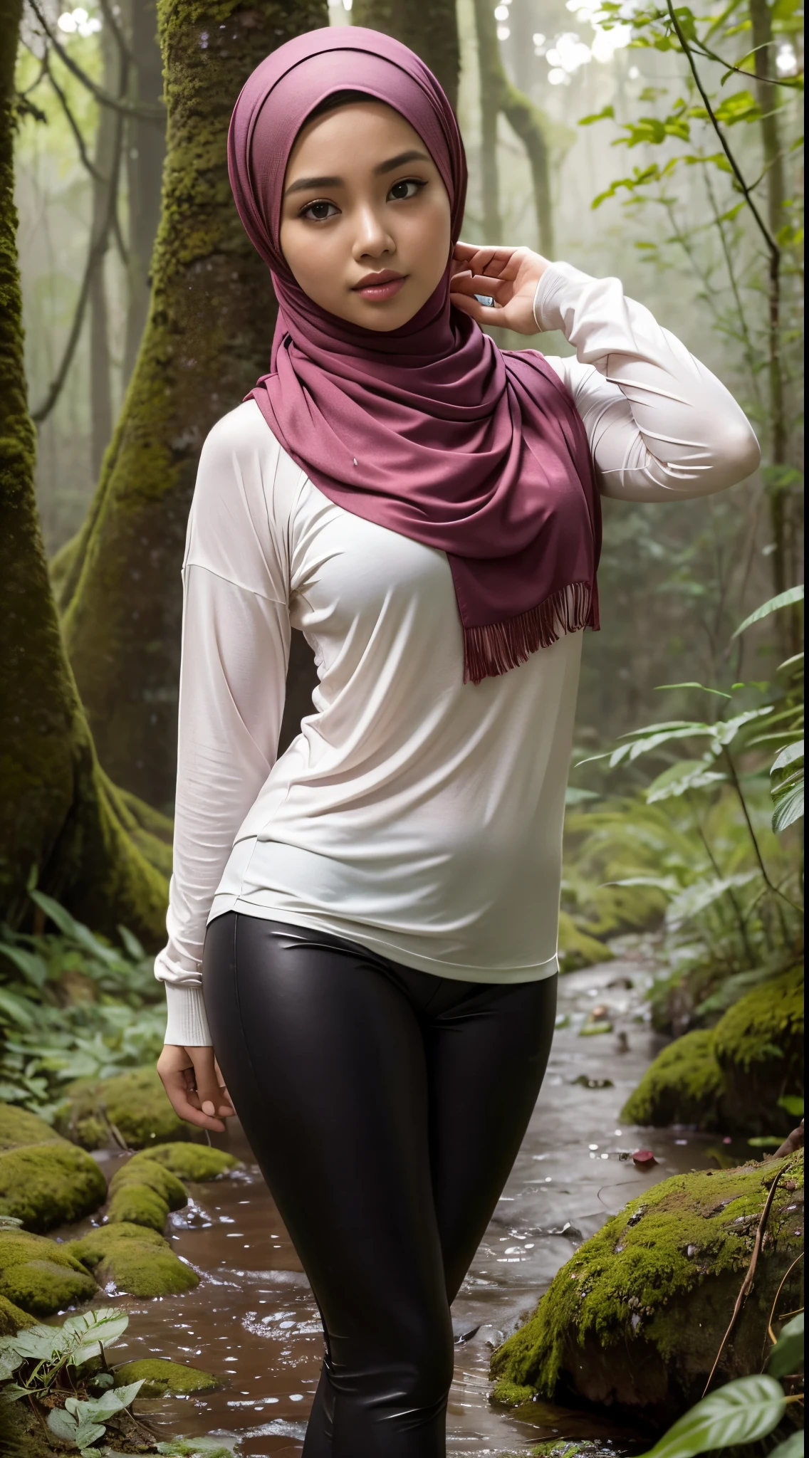 RAW, Best quality, high resolution, masterpiece: 1.3), Beautiful Malay woman in hijab (iu:0.8),looking at viewert,Portrait photography of a beautiful young malay girl in hijab wearing tight long sleeve tshirt and short skirt with leggings celebrate birthday, big breast,Detailed eyes, Slipping on the mossy ground rain in forest, diffuselighting, depth of fields