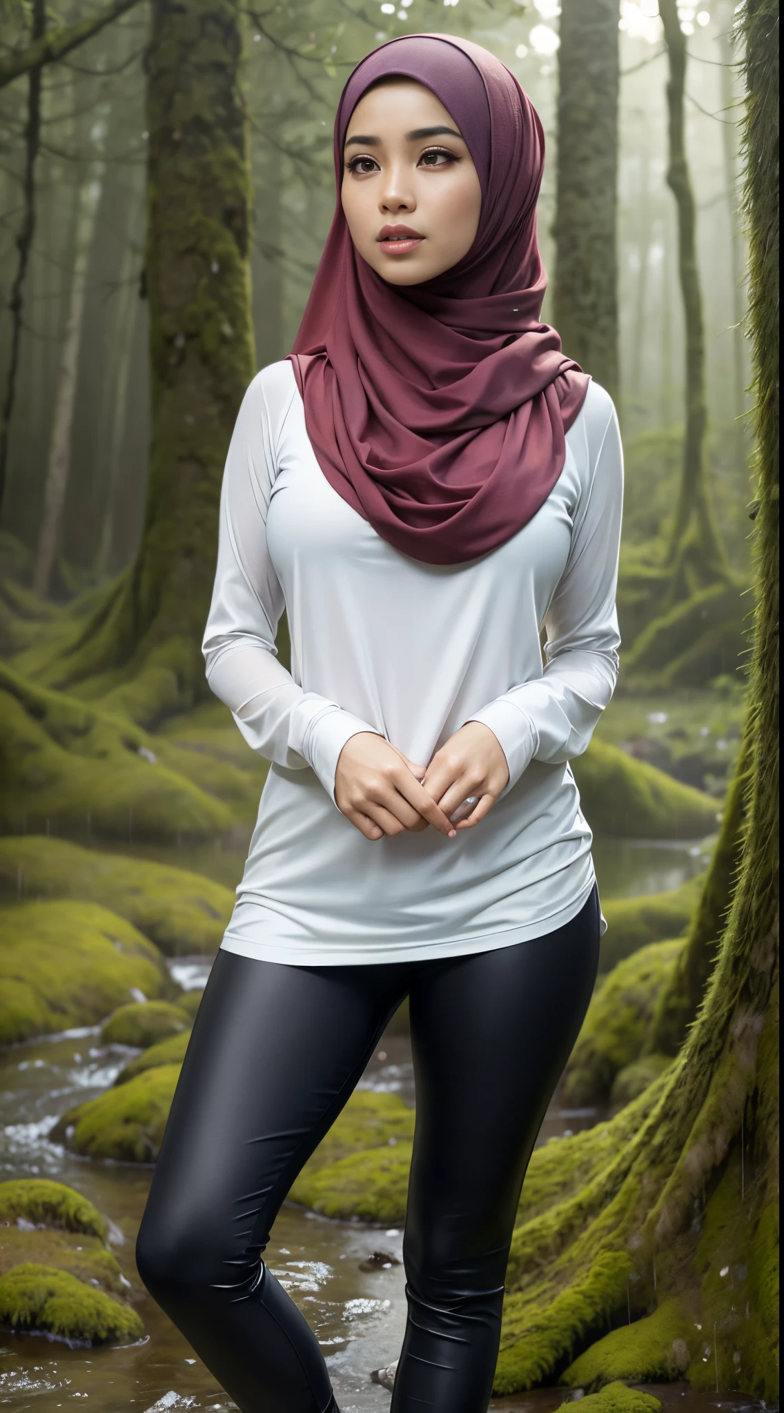 RAW, Best quality, high resolution, masterpiece: 1.3), Beautiful Malay woman in hijab (iu:0.8),looking at viewert，Portrait photography of a beautiful young malay girl in hijab wearing tight long sleeve tshirt and short skirt with leggings celebrate birthday, big breast，Detailed eyes, Standing on the mossy ground rain in forest， diffuselighting, depth of fields