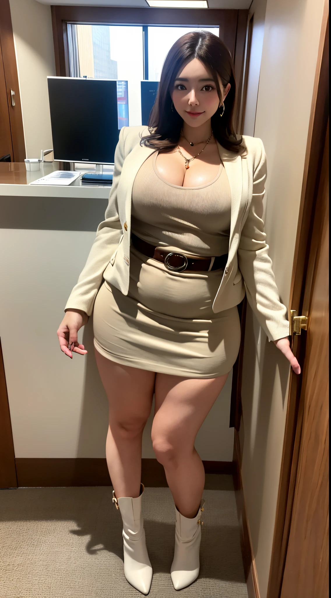 (best qualtiy,8k,32k,tmasterpiece,UHD:1.2,full body shot shot),Beautiful Japanese woman in the photo,1. Extremely tall, strong, plump, sexy girl,(extra long dark brown hair,Two meters long hair),She has an extremely tall, strong, plump and sexy figure,Extremely exaggerated huge thick breasts,Elongated waist,Extremely exaggerated and huge thick buttocks,Super long big thick legs,Extremely thick leg muscles,二重まぶた,Thin beige blazer,Gilet blanc,brown skirt,Small charm necklace,Brown booties,Stand in the office,full body shot shot。
