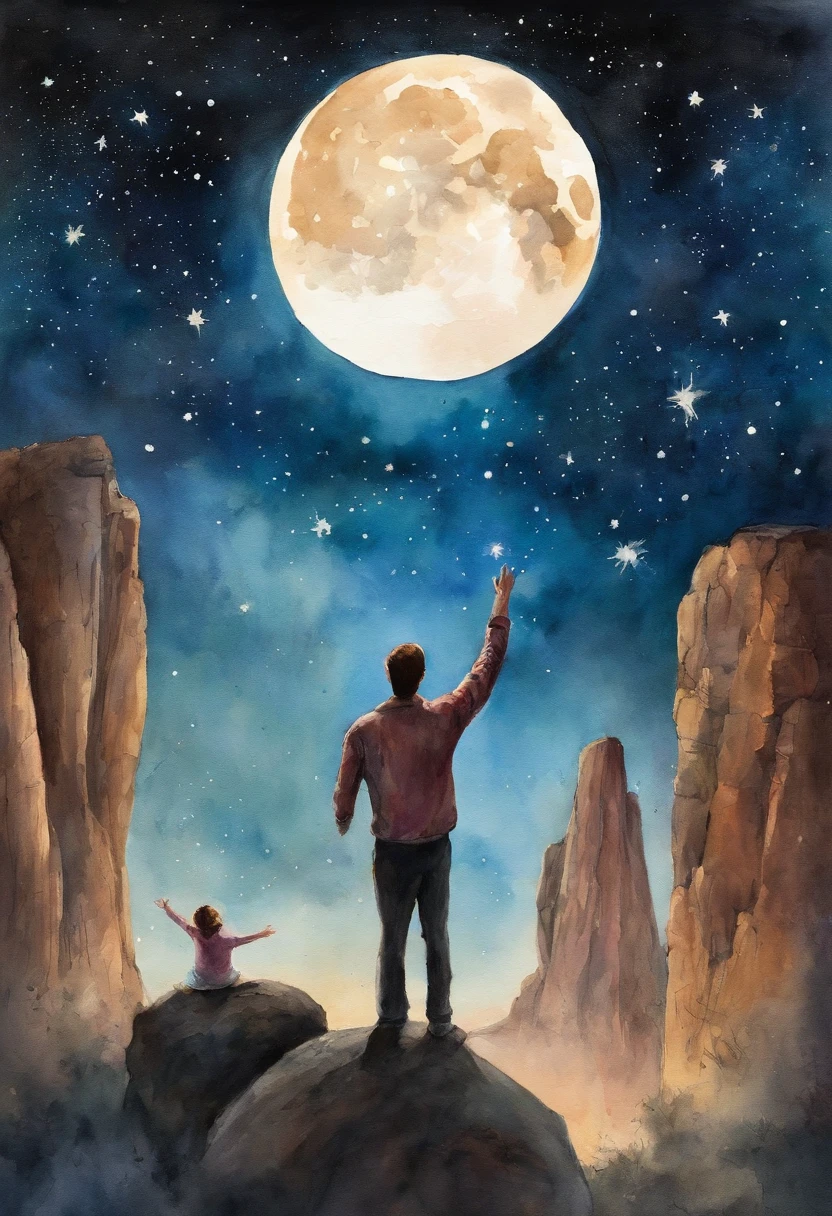 outdoors,vast starry sky,Full moon,Notes flying,There is a group of people below raising their hands high,Glowing fluorescent tape on hand