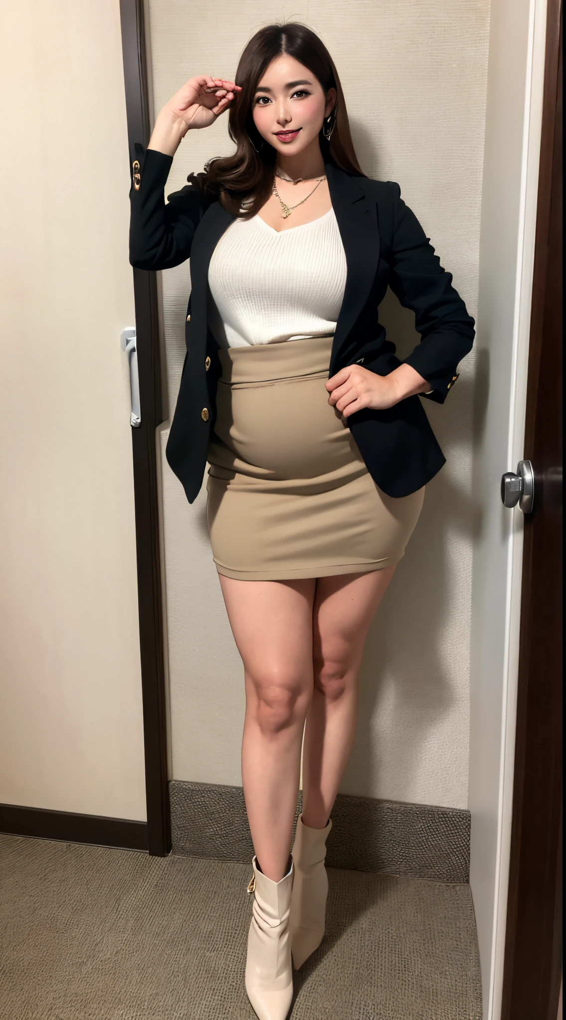 (best qualtiy,8k,32k,tmasterpiece,UHD:1.2,full body shot shot),Beautiful Japanese woman in the photo,1. Extremely tall, strong, plump, sexy girl,(extra long dark brown hair,Two meters long hair),She has an extremely tall, strong, plump and sexy figure,Extremely exaggerated huge thick breasts,Elongated waist,Extremely exaggerated and huge thick buttocks,Super long big thick legs,Extremely thick leg muscles,二重まぶた,Thin beige blazer,Gilet blanc,brown skirt,Small charm necklace,Brown booties,Stand in the office,full body shot shot。