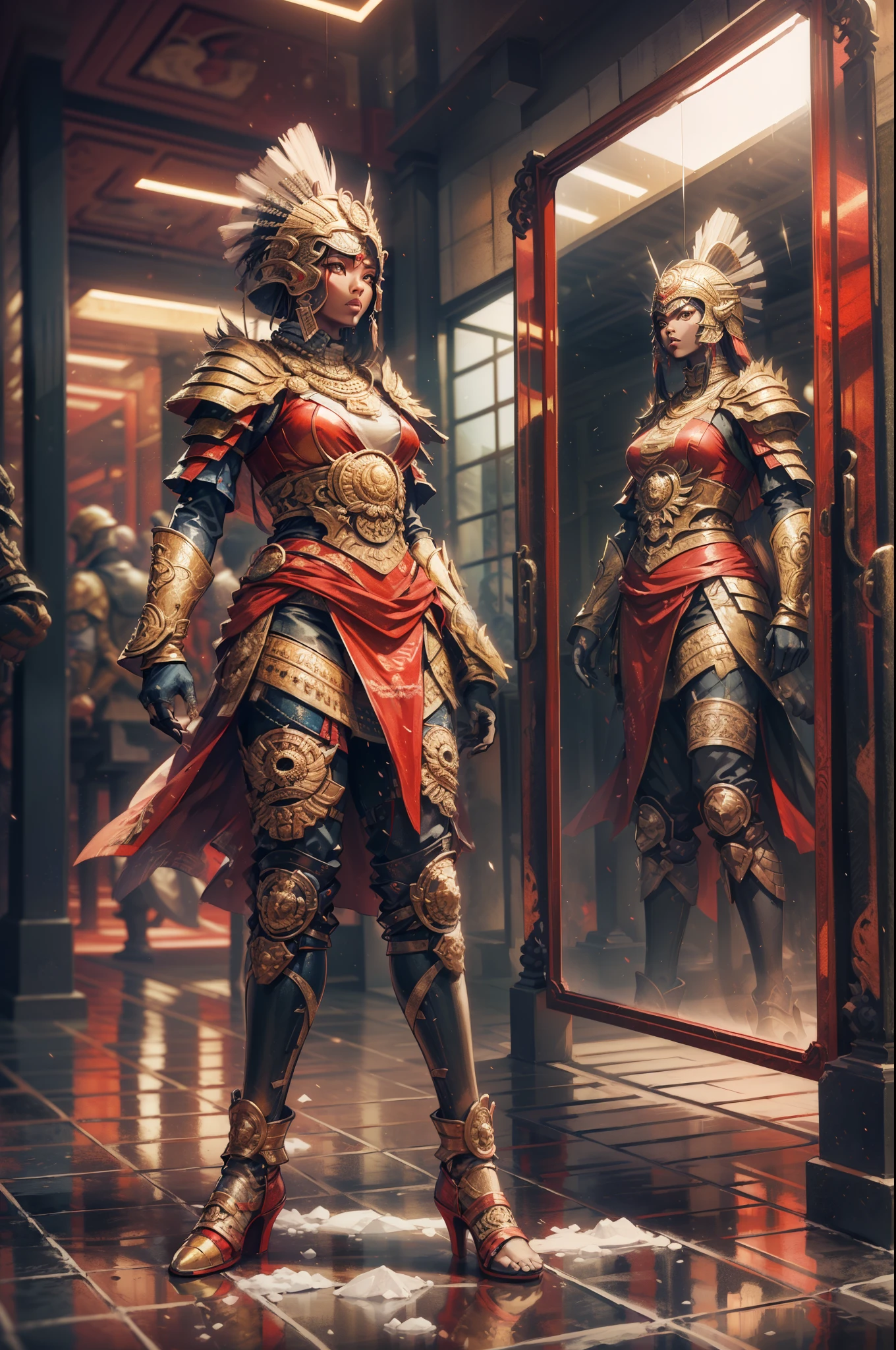 an ice sculpture of a beautiful African woman dressed in African designed clothes, standing in an empty Area full of  large reflective mirrors, red flares on the ground providing a red cinematic look, red and blue look, cinematic lighting, artgerm style, 32k, ultra HD, hyper-realistic image --auto --s2