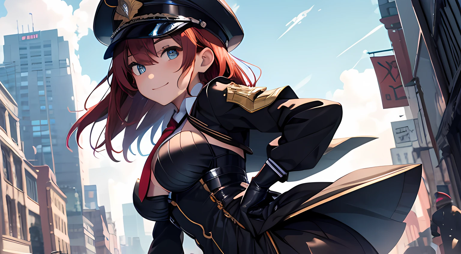 Highly detailed, beautiful eyes finely detailed, Colorful, Masterpiece, Best Quality, jewel-like eyes, 1girl, solo, cute girl, red hair, medium hair, black military suits, black military cap, black elbow gloves, black pantyhose, amber eyes, necktie, brown military boots, hand on hip, contrapposto, evil smile, seductive smile, smirk, from below, large breasts, layered skirt, outdoors, building, dutch angle, villain, latex, shiny skin,