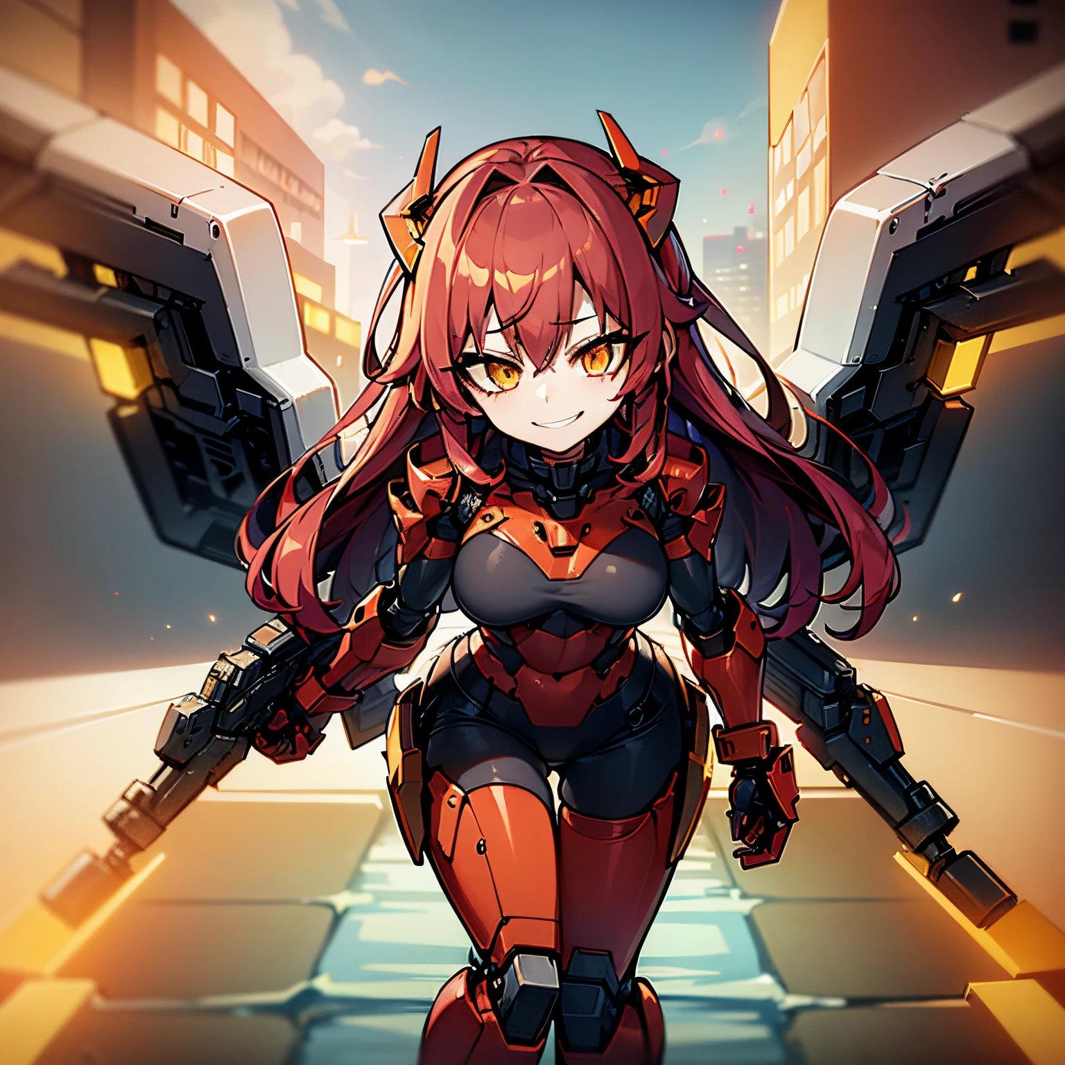 1Girl, red hair, medium hair, yellow eyes, smiling, robot girl, mecha girl, red metal armor, iron wings, holding cyberpunk rifle, robot floating, sunset, orange sky, 4k, masterpiece, HD