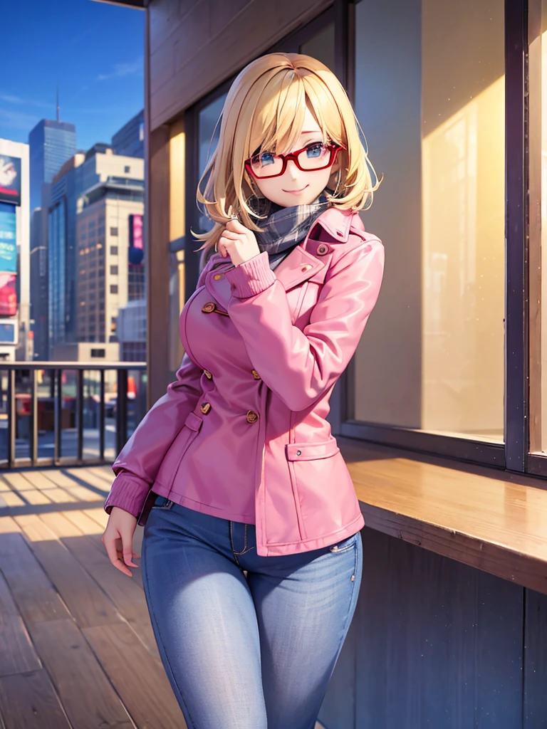 season in winter, urban area, in the morning.a one beauty woman, blond bob hair, glasses, tops is fashionable pink coat, a muffler around the neck, bottoms is denim jeans pants, (sexy::1.2) smile.